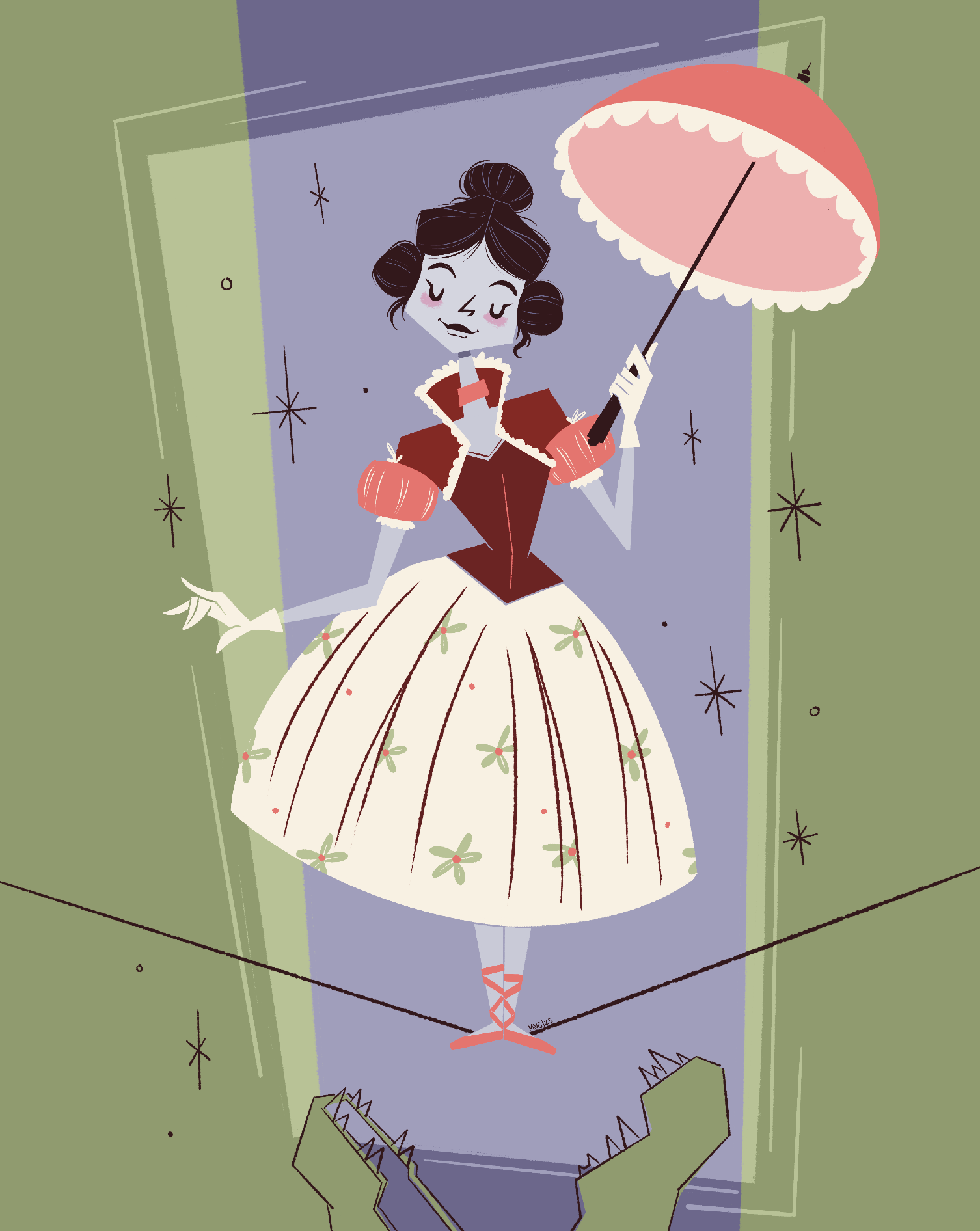 "Sally Slater" (Haunted Mansion stretching portrait), digital illustration. 2025. Monika Nor-Cer.