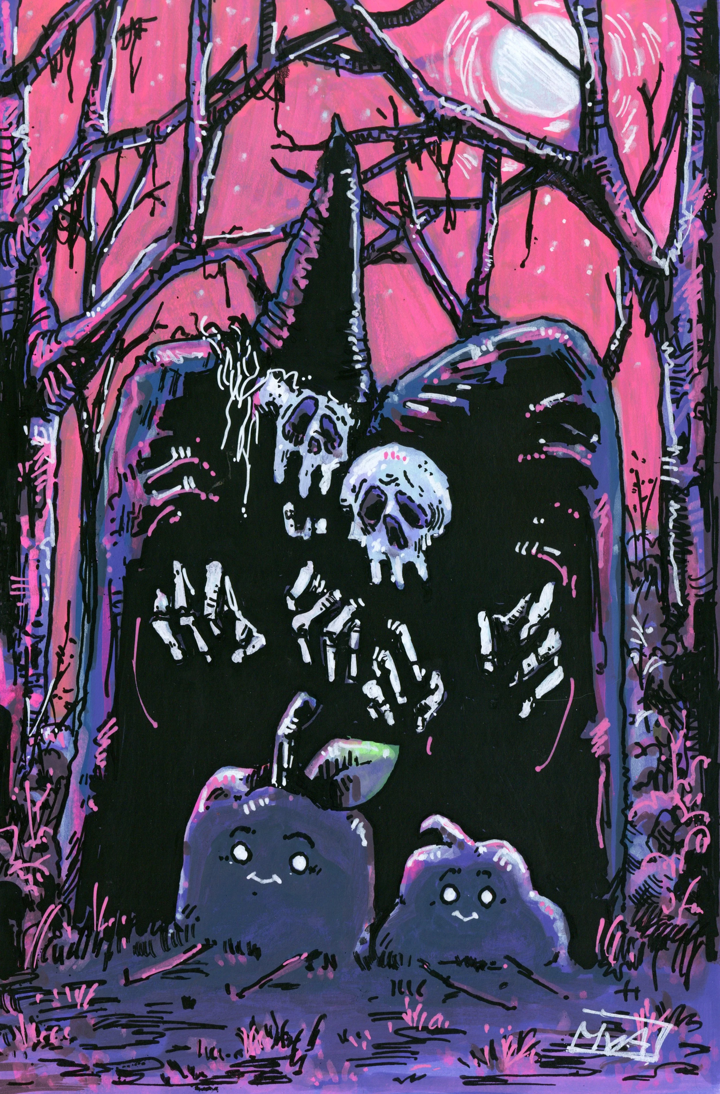 "Skele-Bros", acrylic illustration. 2025. Mike Cerminara.