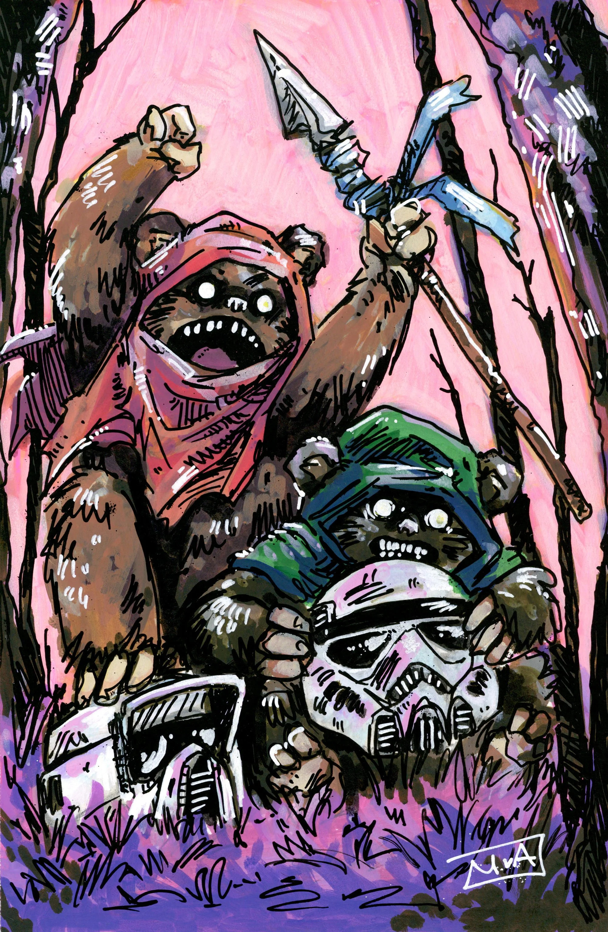 "Ewoks", acrylic illustration. 2025. Mike Cerminara.