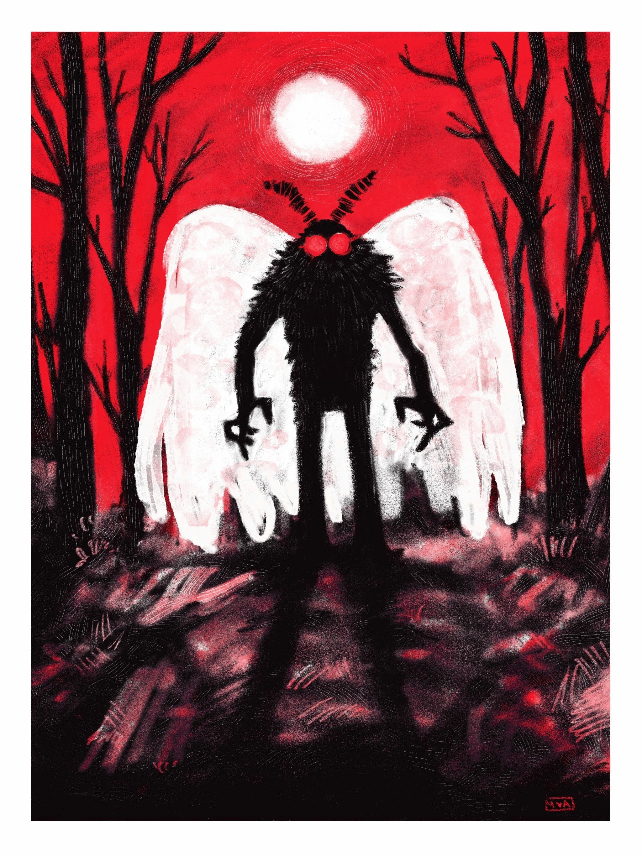 "Mothman", acrylic illustration. 2025. Mike Cerminara.