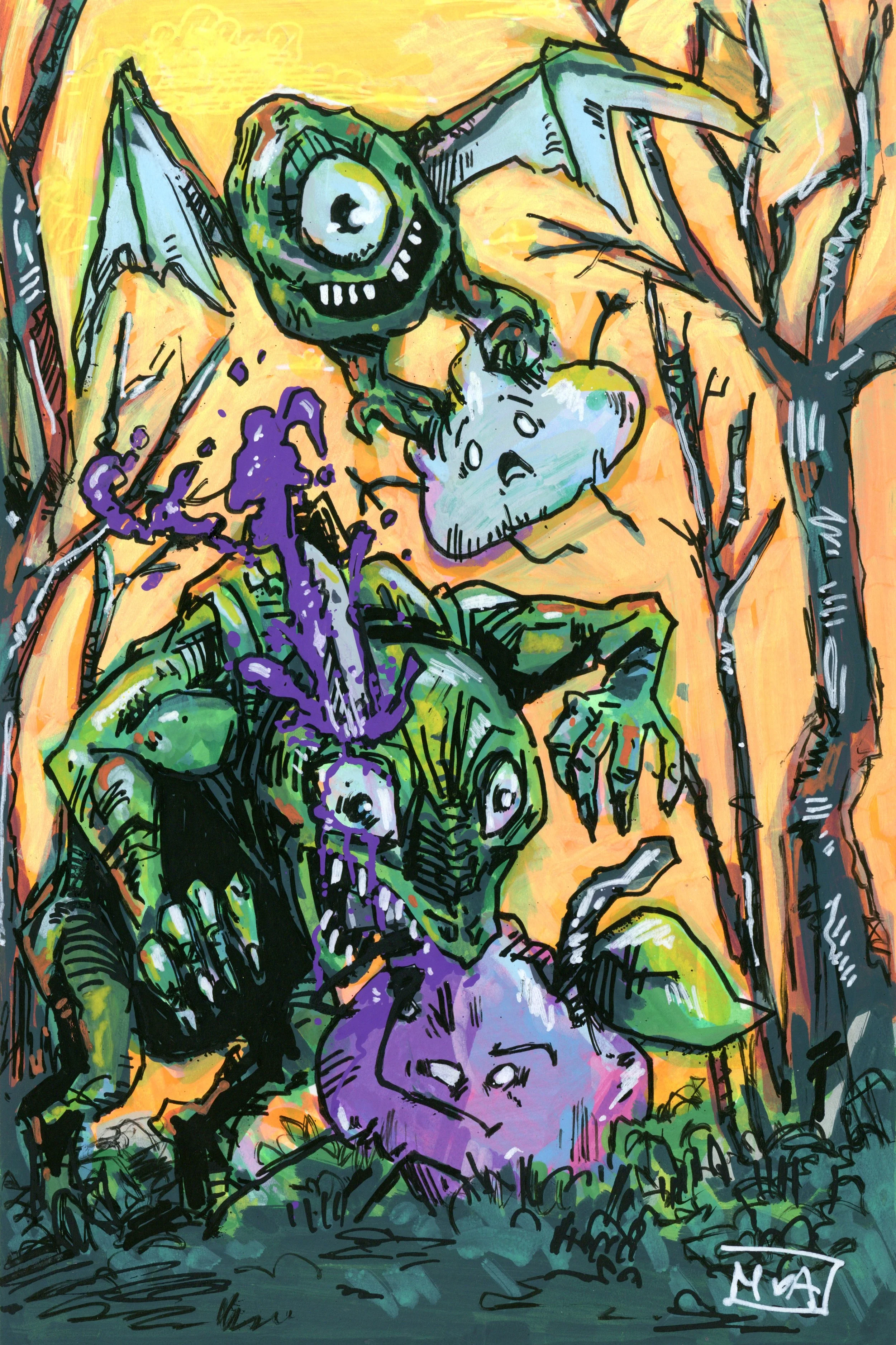 "Apple Battle", acrylic illustration. 2025. Mike Cerminara.