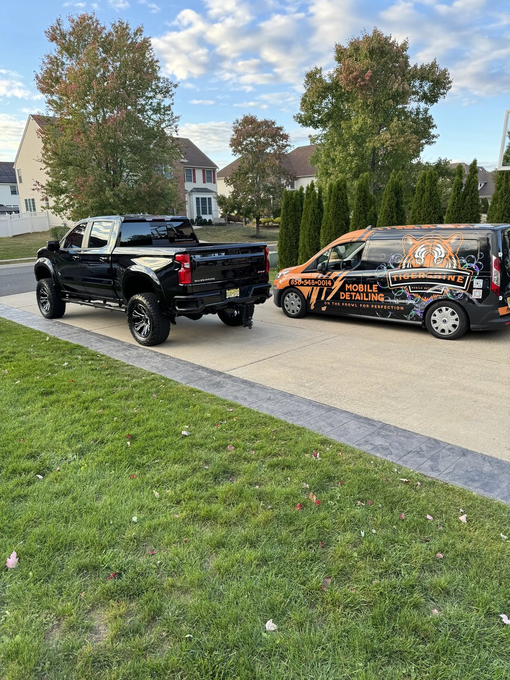 Black pickup truck on a driveway with the Tigershine van parked behind it