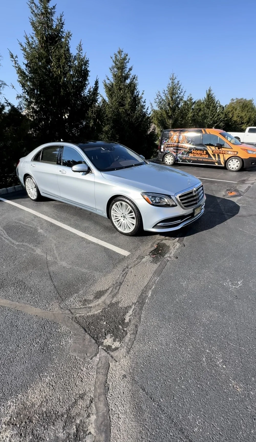 Silver Mercedes sedan parked next to the Tigershine van