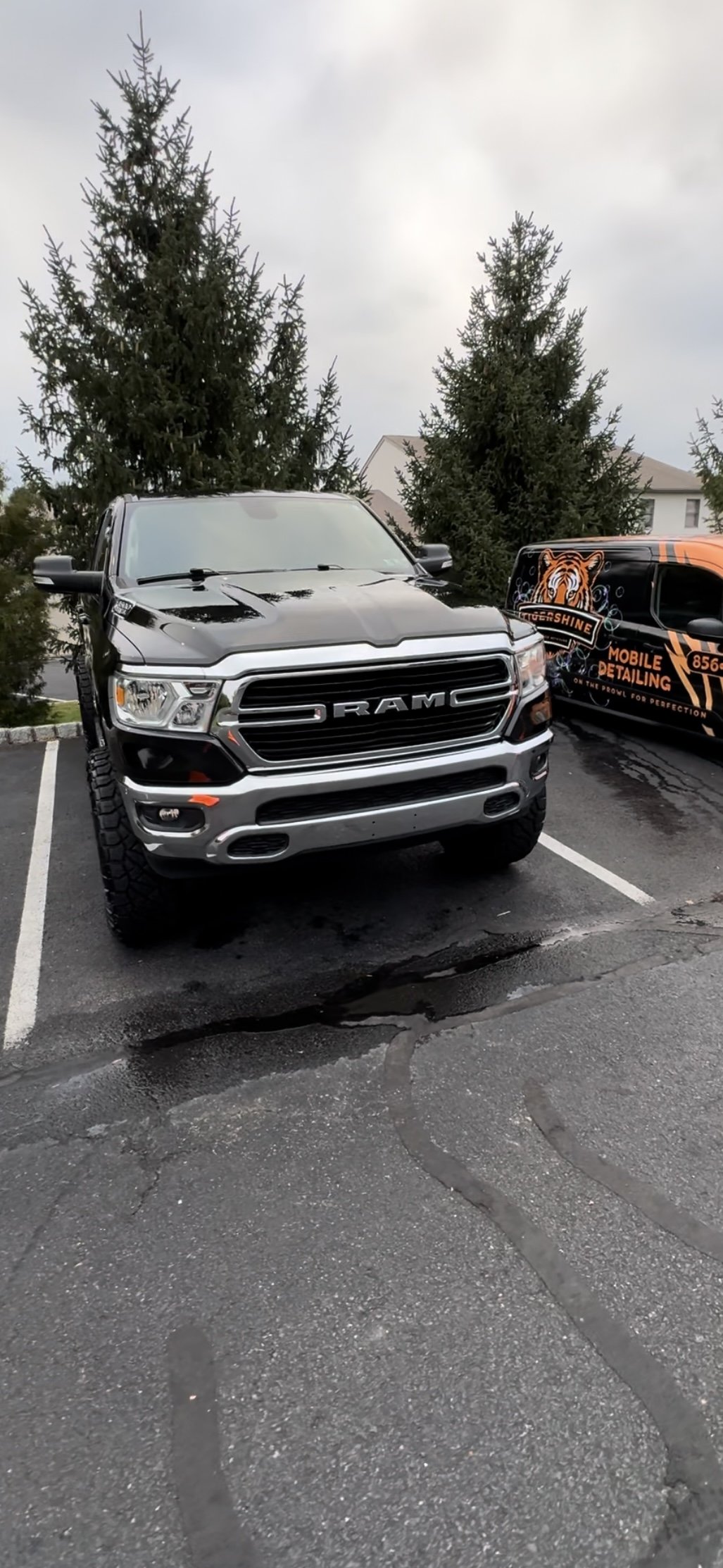 Gray Ram pickup truck with the Tigershine van parked behind it