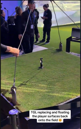TGL crews install fresh real turf to ensure authentic divot-taking conditions.