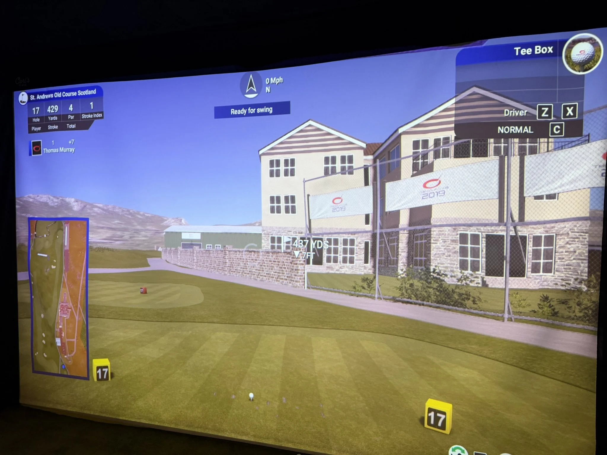 The iconic Road Hole at St Andrews on my ProTee VX simulator. Long before I ever stood on the 17th tee in Scotland, I had already played this hole dozens of times virtually. Seeing it on a screen and standing on it in person are very different experiences, but the familiarity helped build confidence.