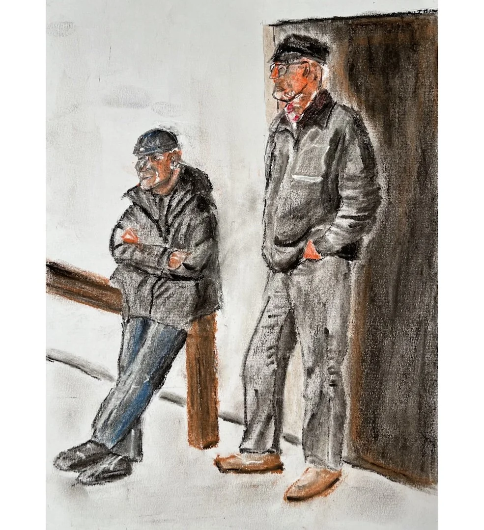 Morgens vor der Schlosserei - Pastell, 40cm/32cm, gerahmt mit Passepartout