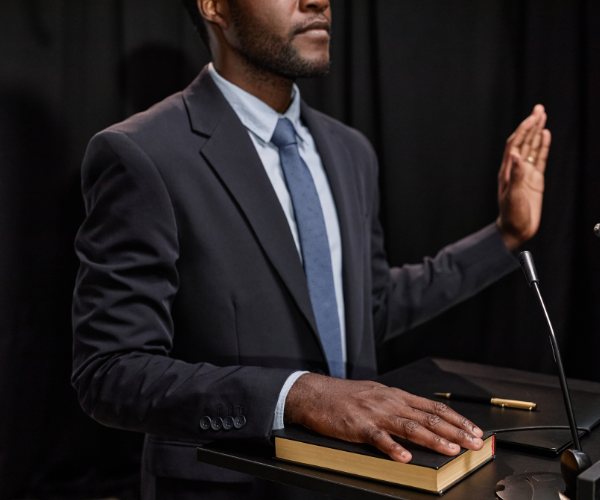 man with one hand raised and the other hand on a bible