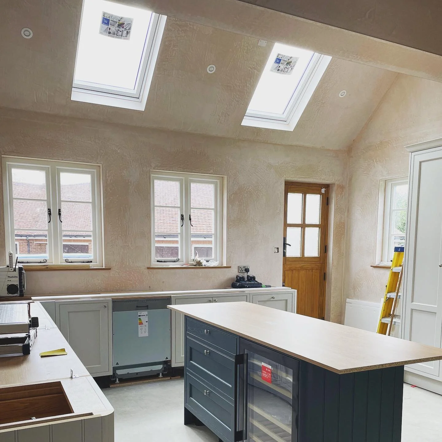 Bourne Place kitchen with new skylights under construction 🚧 #skylights #kitchenbuild #kitchenisland #underconstruction #interiordesign #kitchenextension