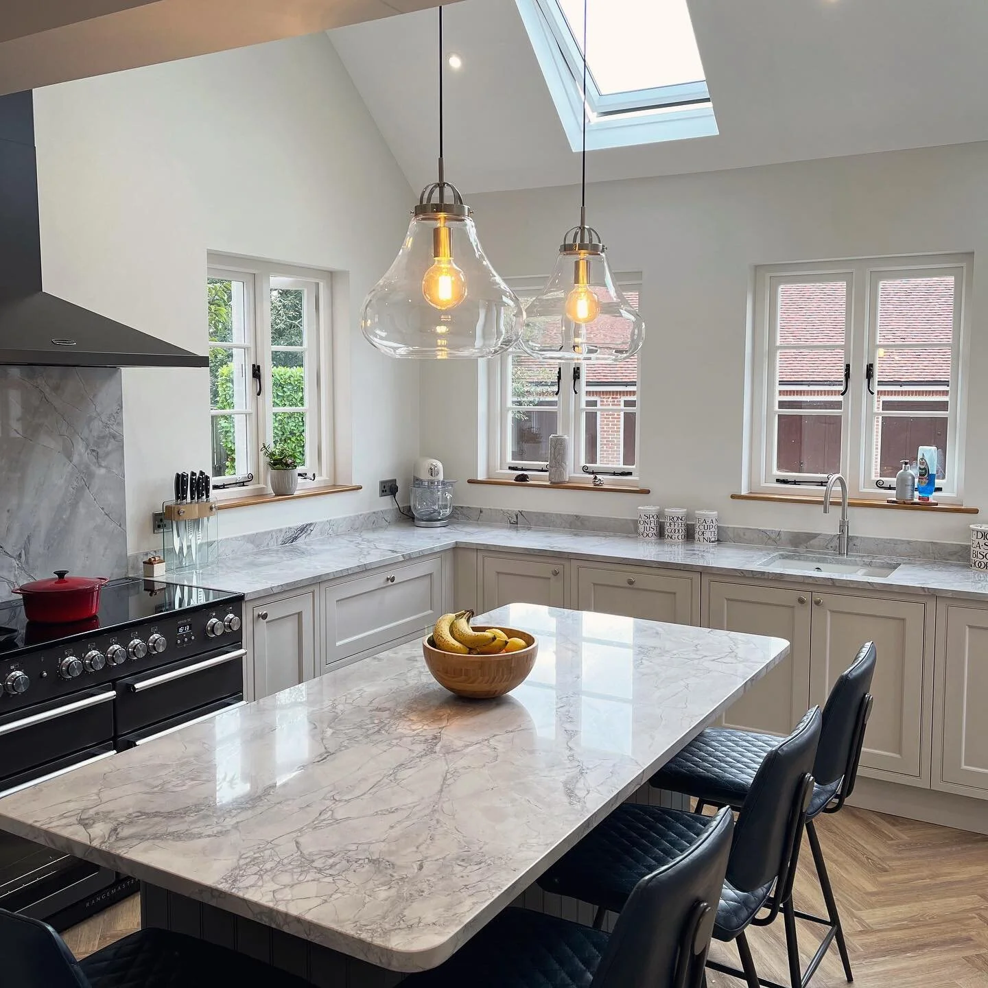 Bourne Place kitchen design #kitchendesign #kitchenisland #quooker #graniteworktops #rangecooker #kitchenskylight #interiordesign