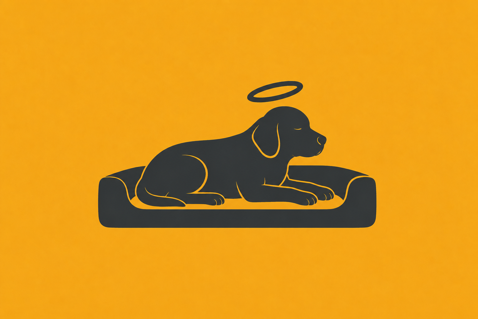 A black outline drawing of a dog with a halo, lying on a cushioned bed, on a bright orange background.