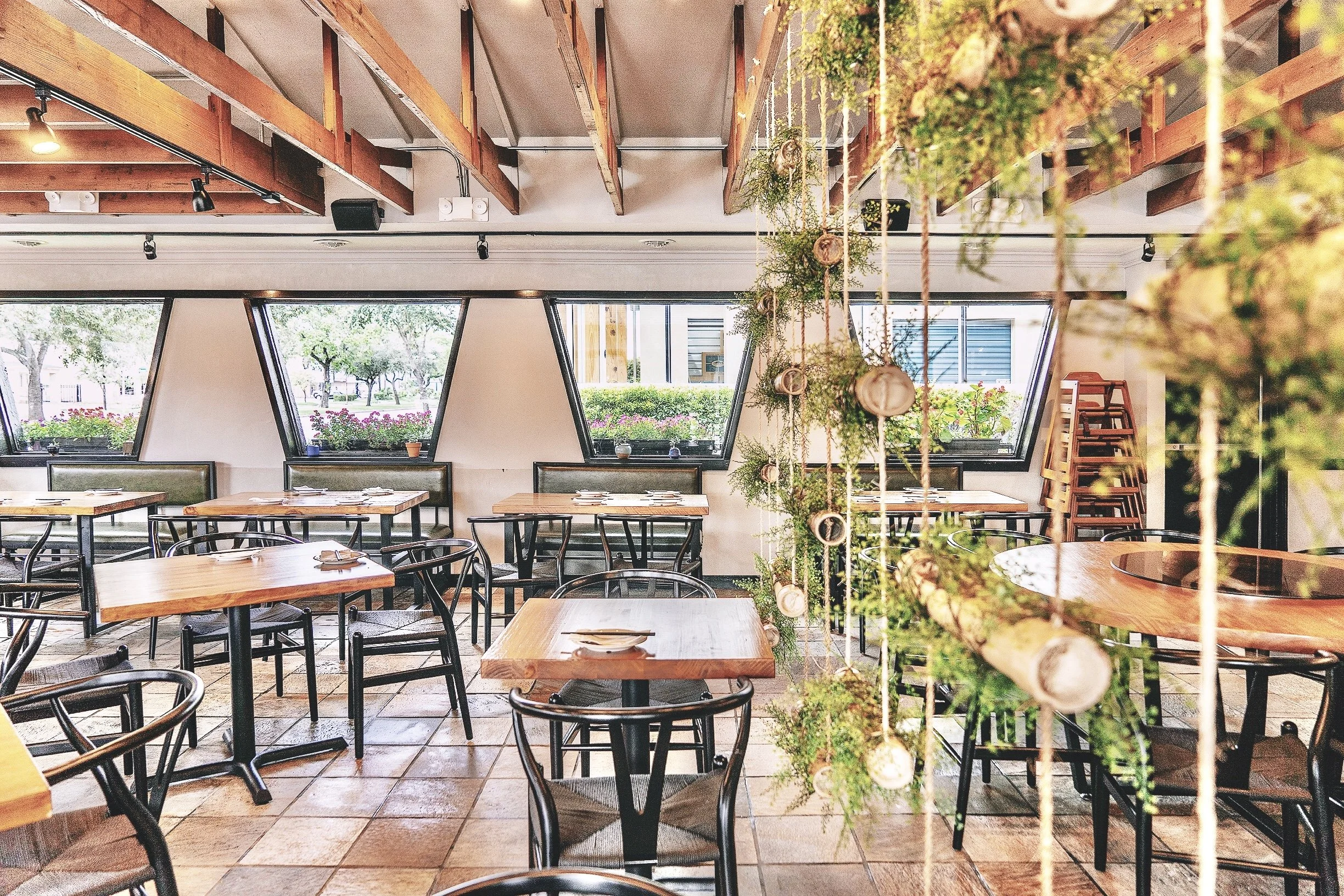 Modern restaurant  interior design wood tables