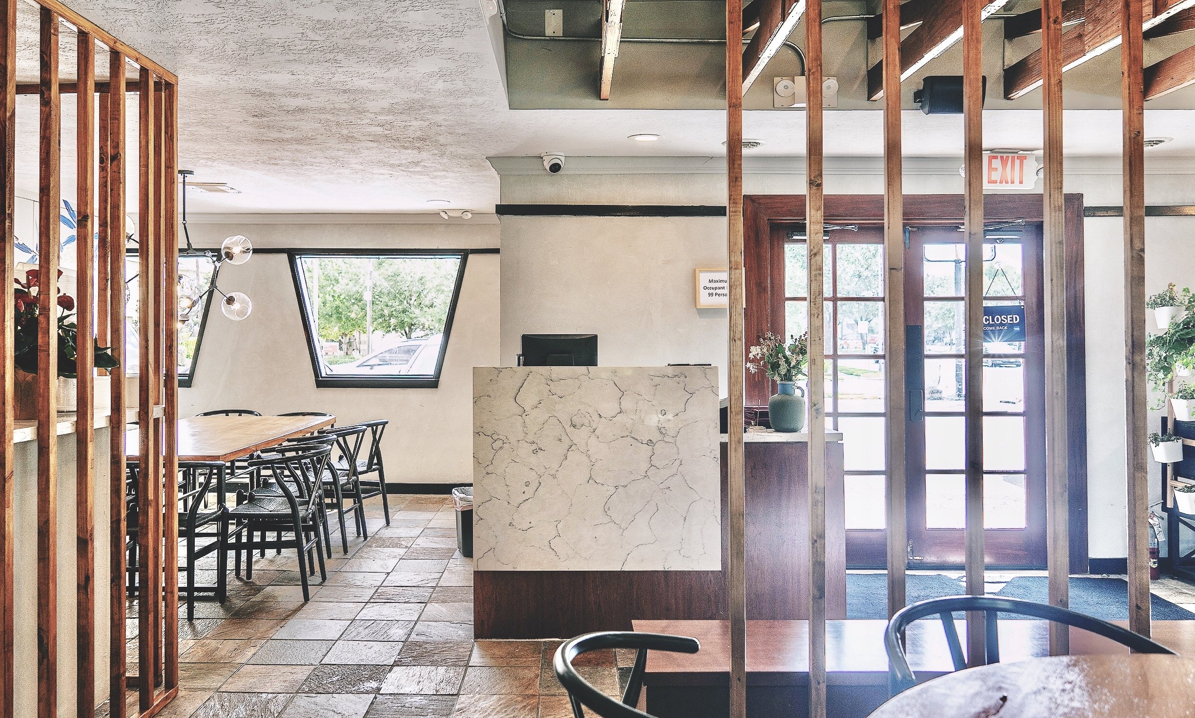 Modern restaurant  interior design wooden details 
