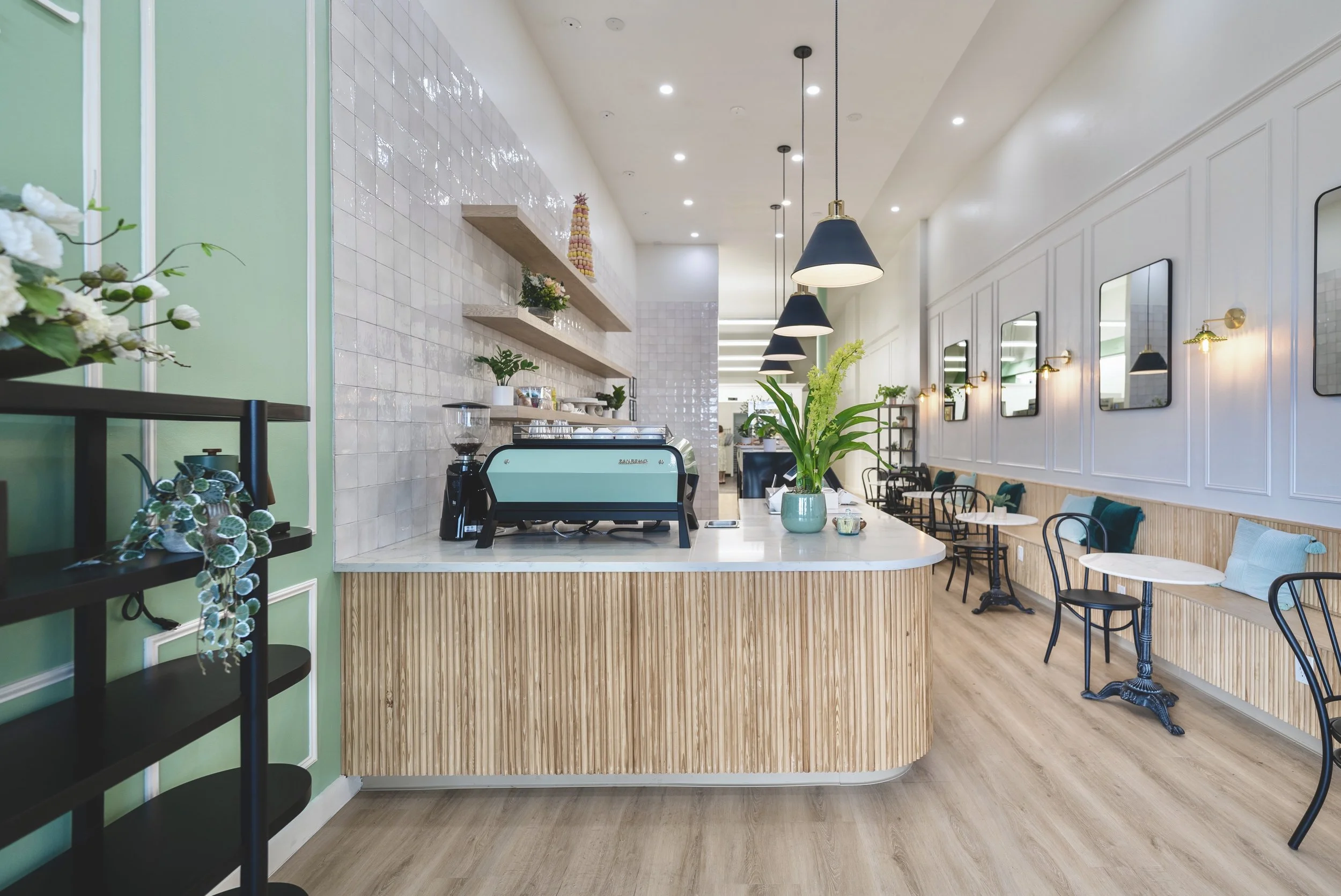 Modern bakery cafe green interior 