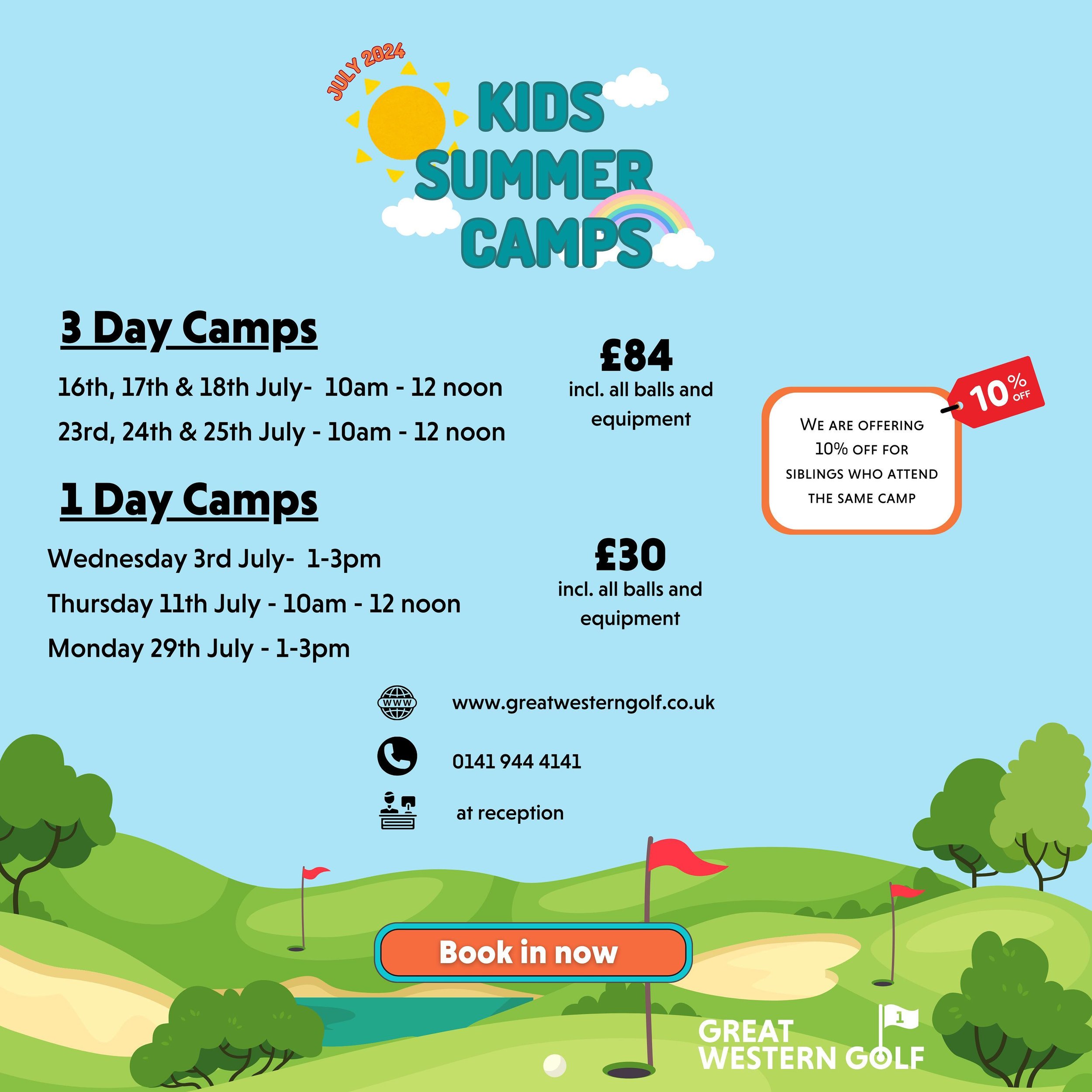 SUMMER CAMPS ARE BACK! 😎☀️🕶️⛱️ 
Looking to get the kids into golf this Summer, then Great Western Golf has the perfect opportunity for you! Whether you want 3 days, or can only commit to one, your child can spend 2 hours with a PGA pro learning the