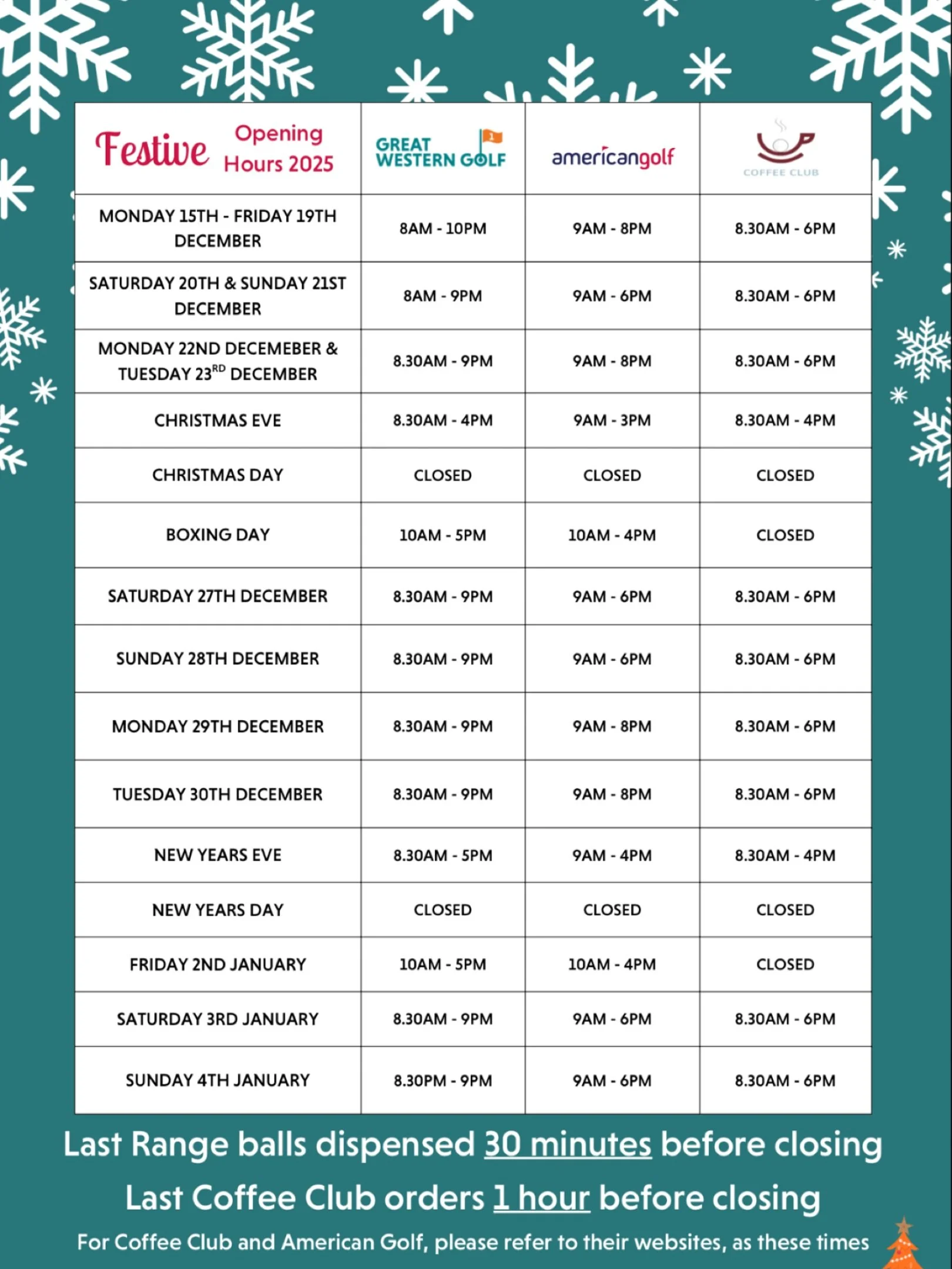 Our festive opening times for 2025/2026! 🎅