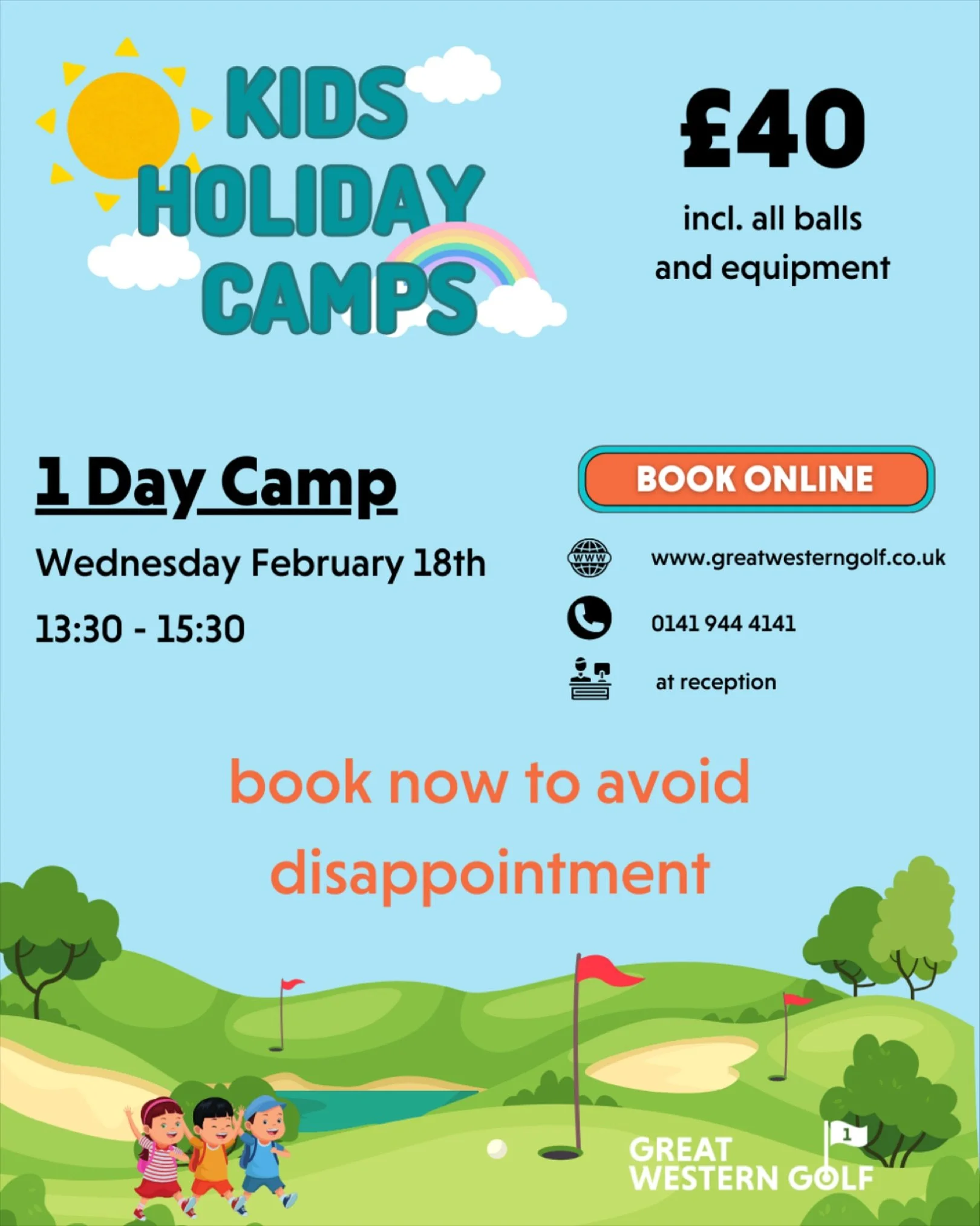 1 day February holiday camp now available on the 18th of Feb!

Book now on our website or call us!

#golf #golflessons #kidsgolf #holidaycamp