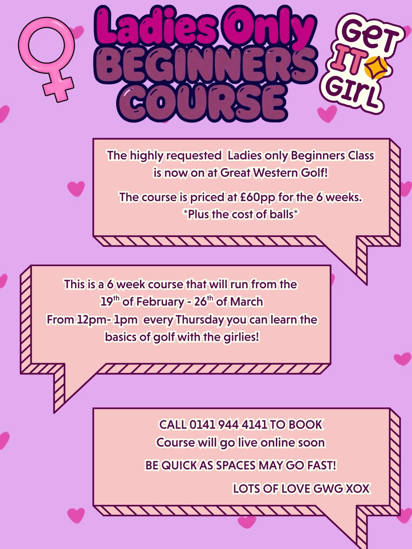 ITS FINALLY HERE! The ladies ONLY beginners is now on at Great Western Golf 🤗 Call 0141 944 4141 to book, hurry spaces may go fast 🏌️&zwj;♀️🩷