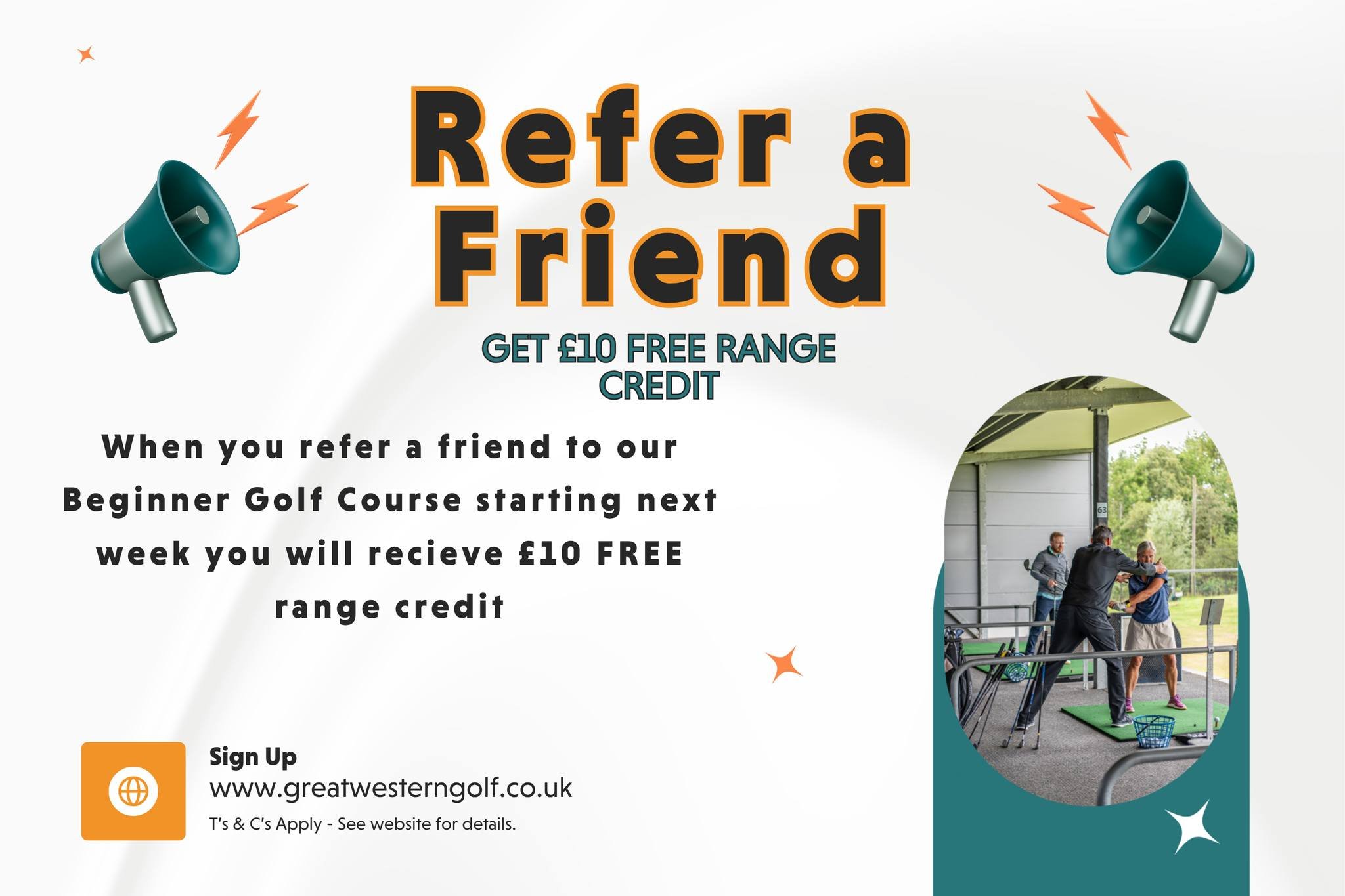 Refer a friend, reap the rewards!!

Know someone who&rsquo;s been meaning to get started? If they sign up to our 6 Beginner Courses starting next week you&rsquo;ll receive &pound;10 FREE range credit.

To book please vist our website and click the or