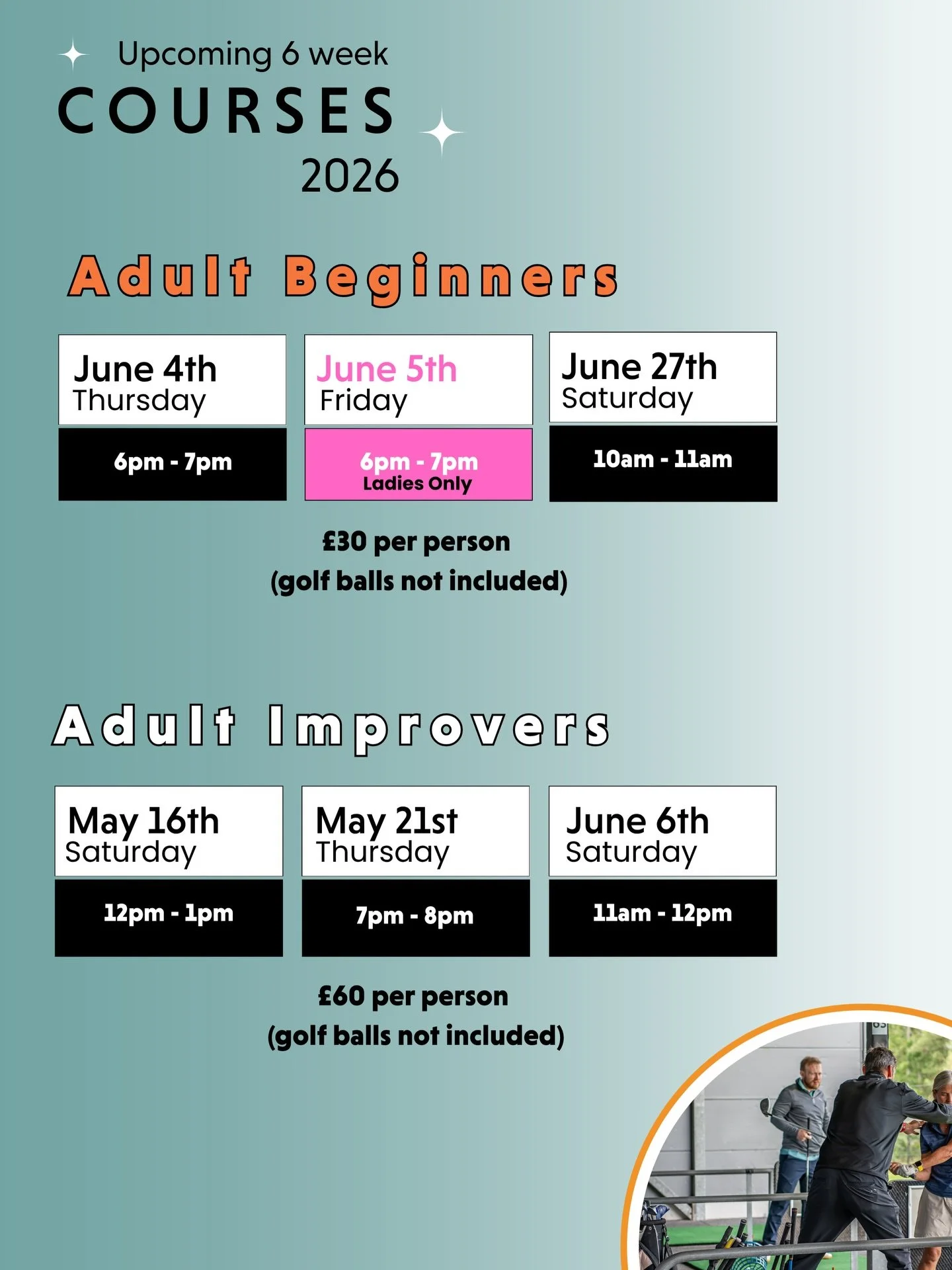 MORE DATES ADDED DUE TO POPULAR DEMAND!!! Exciting news! Our Adult &amp; Junior 6 week group classes are now available for booking! Secure your spot online NOW! 🏌🏻&zwj;♂️ 💻