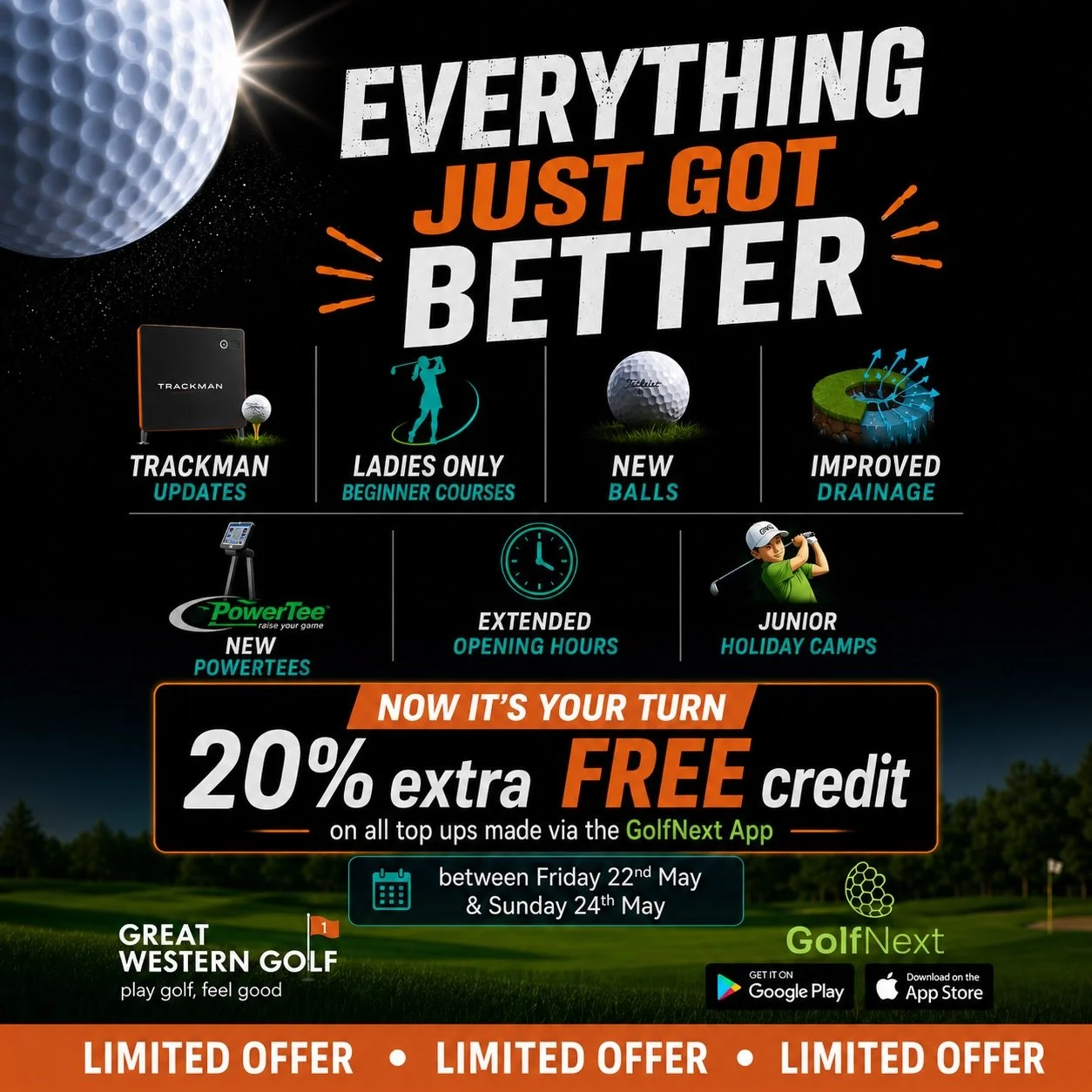 ⛳️ Everything just got better 🔥

And the best part? Get 20% EXTRA FREE credit on top-ups via the GolfNext app 💸📱

#GolfNext #GreatWesternGolf #GolfLife #GolfSeason #WeekendGolf