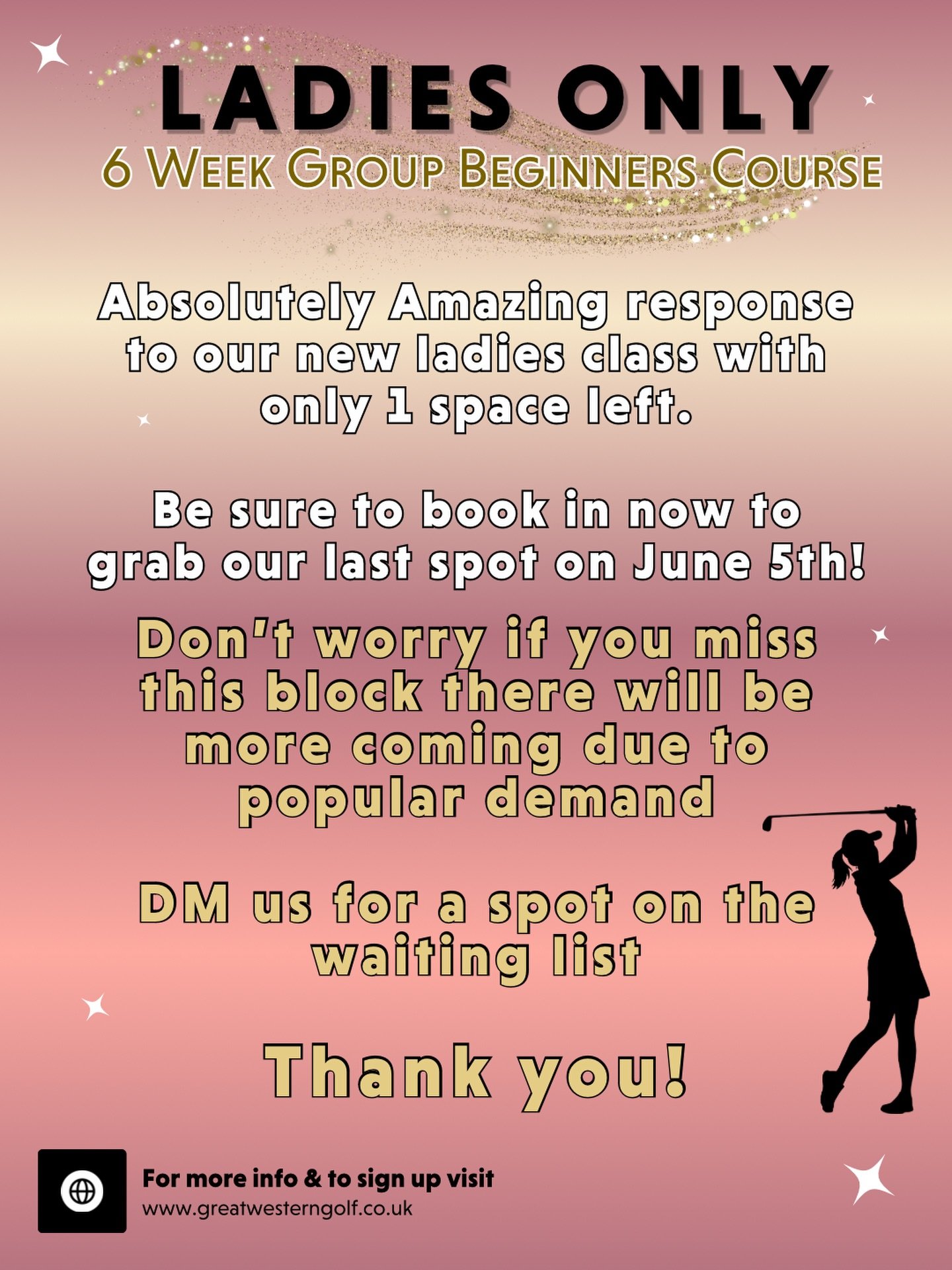 Thank you to everyone who has booked in so far! We are so delighted that you have taken an interest. If you missed this block please dm us to be put on a waitlist for the next block🩷🏌️&zwj;♀️

#greatwesterngolf #golf #golflessons #ladiesgolf #ladie