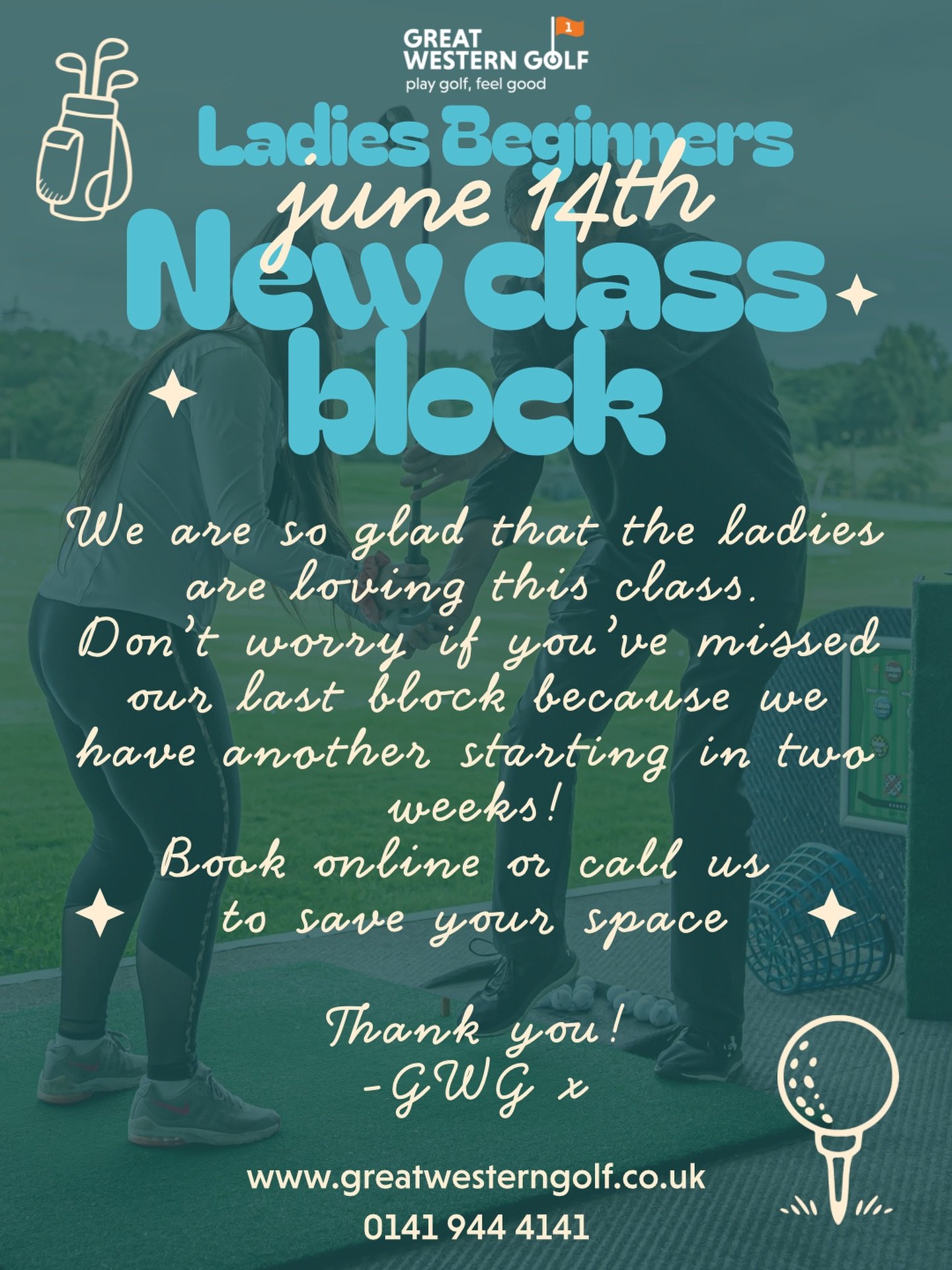 ⚠️NEW LADIES CLASS ALERT🏌️&zwj;♀️ Back again by popular demand, another ladies only beginners class.
Call us now or book online to save you place before it&rsquo;s gone🩵