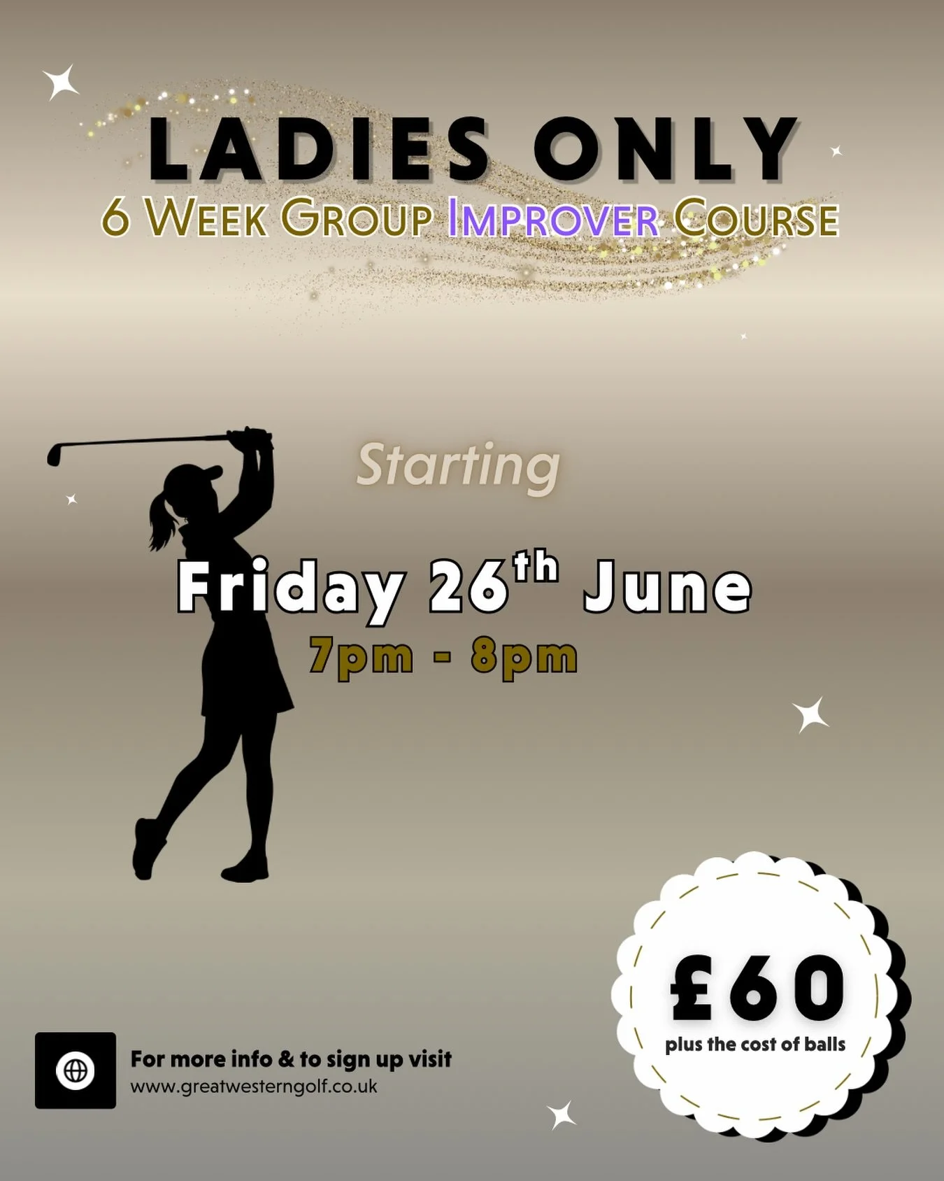 Take your golf to the next level with our Six-week Golf Ladies Only Improvers&rsquo; course. If you know the basics and want to learn how overcome those awkward shots and master your wood and iron play this is the ideal course for you🏌🏻&zwj;♀️ 💜