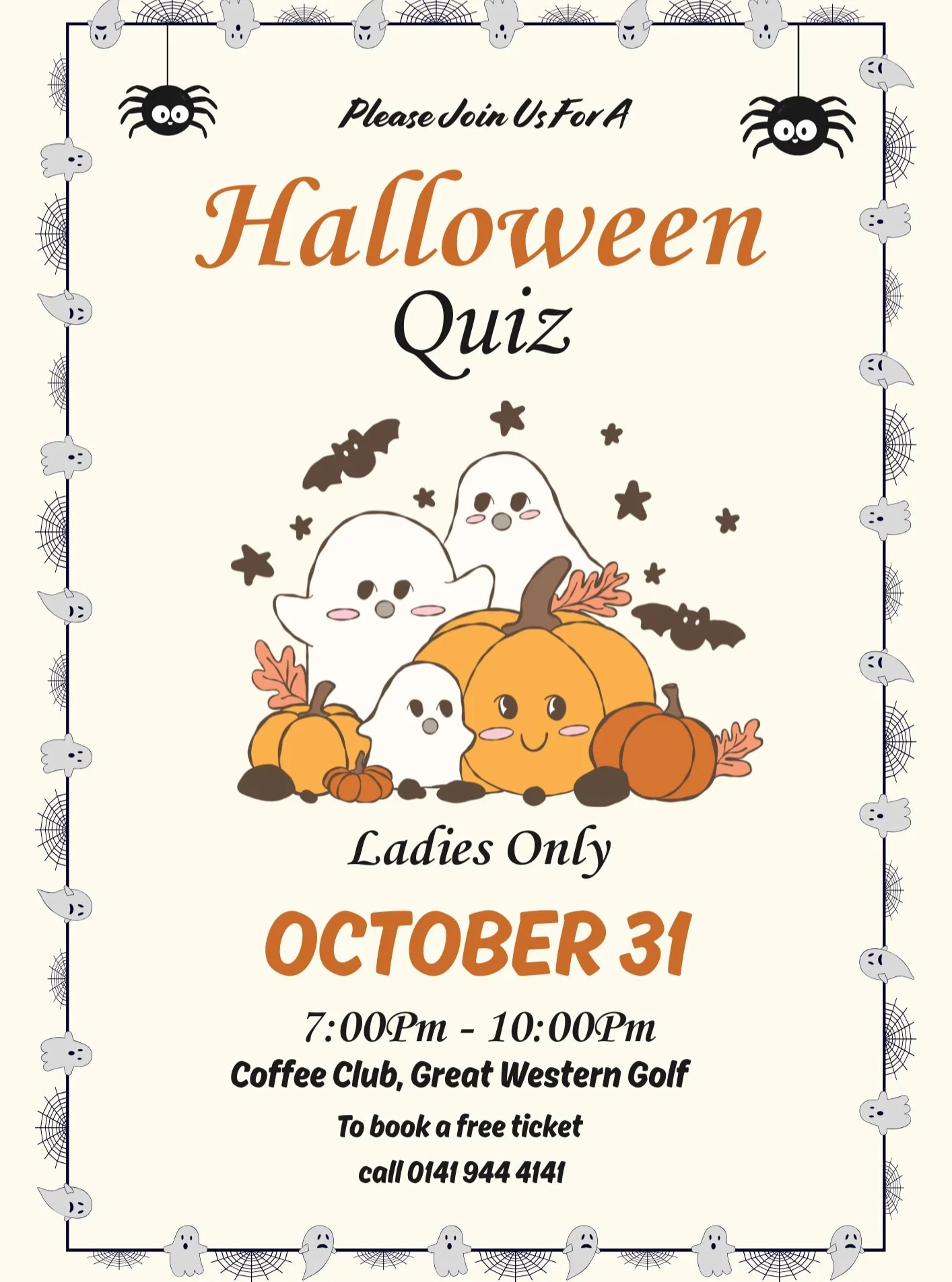 Halloween is Upon us and with that... 👻so is our ladies quiz night!

To book a free ticket give us a call on 0141 944 4141 or come to our reception.

See you then!👻💀🖤