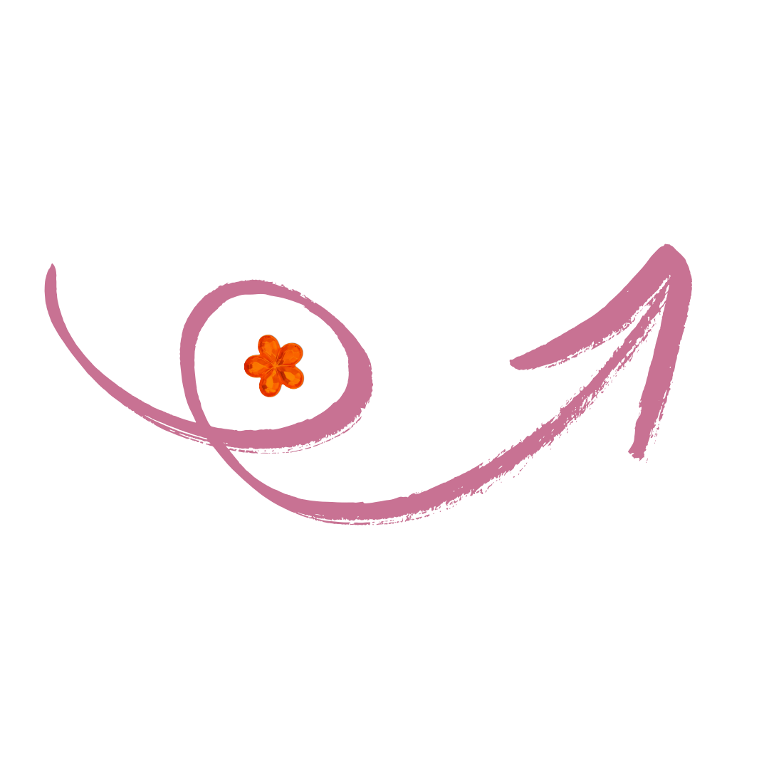 Pink arrow with a swirl and a small orange flower at the base, pointing upward to the right.