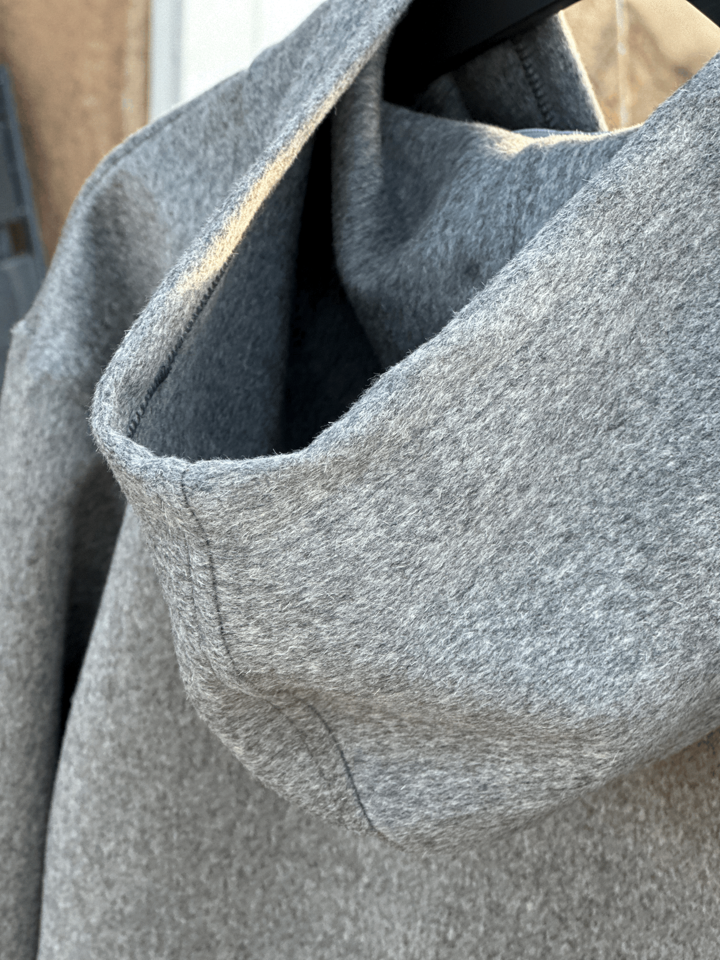 Detailed view of the Granite Island Silvery Grey Angora Hoodie, showing the hood construction, soft textured fabric and clean stitching.