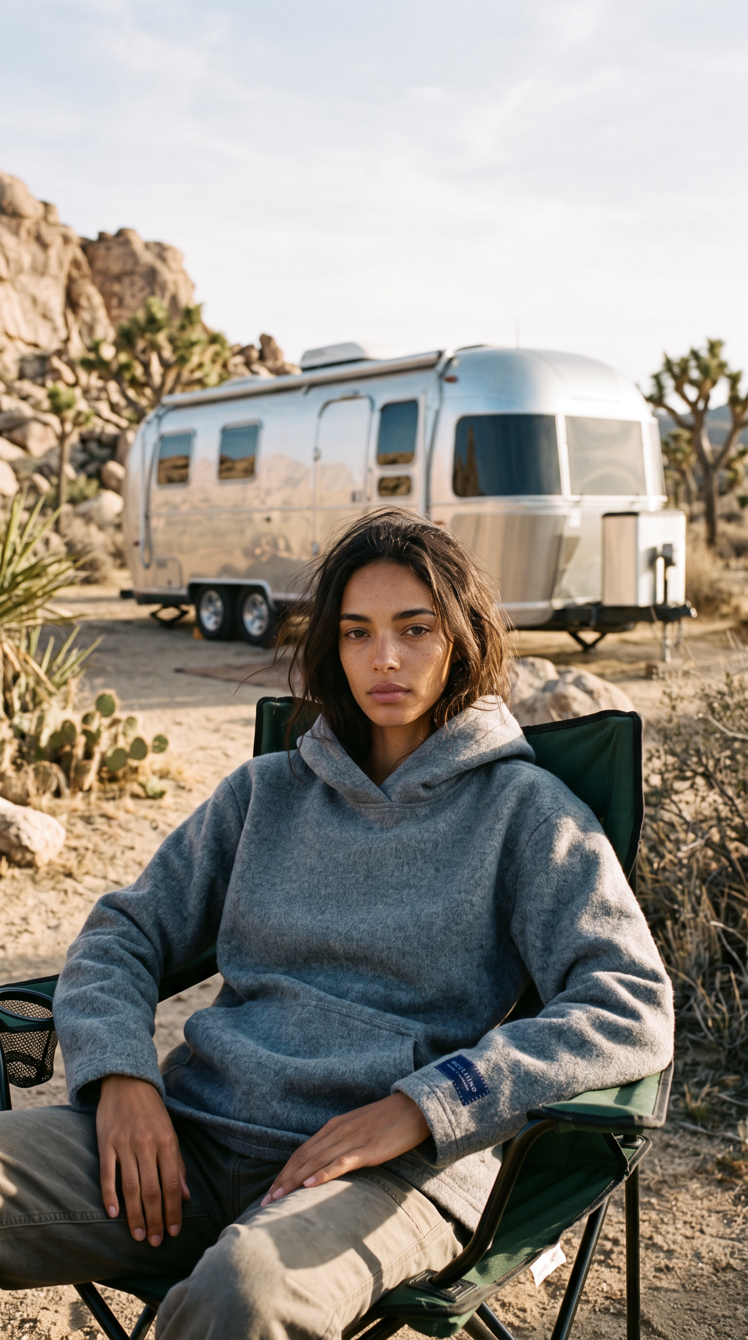 Female model wearing the Granite Island Silvery Grey Angora Hoodie, seated outdoors in a California desert setting with an Airstream trailer in the background.