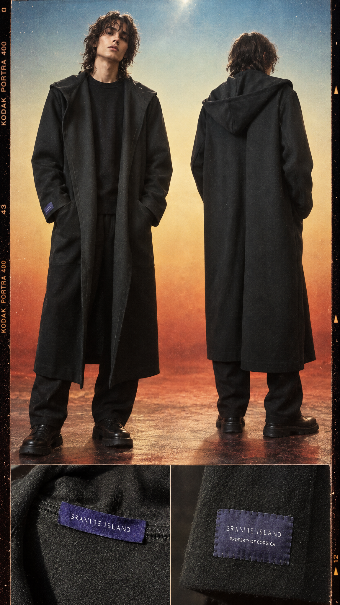 Two models wearing long black Granite Island kimono-style overcoats with relaxed silhouettes, photographed against a warm-toned studio backdrop.