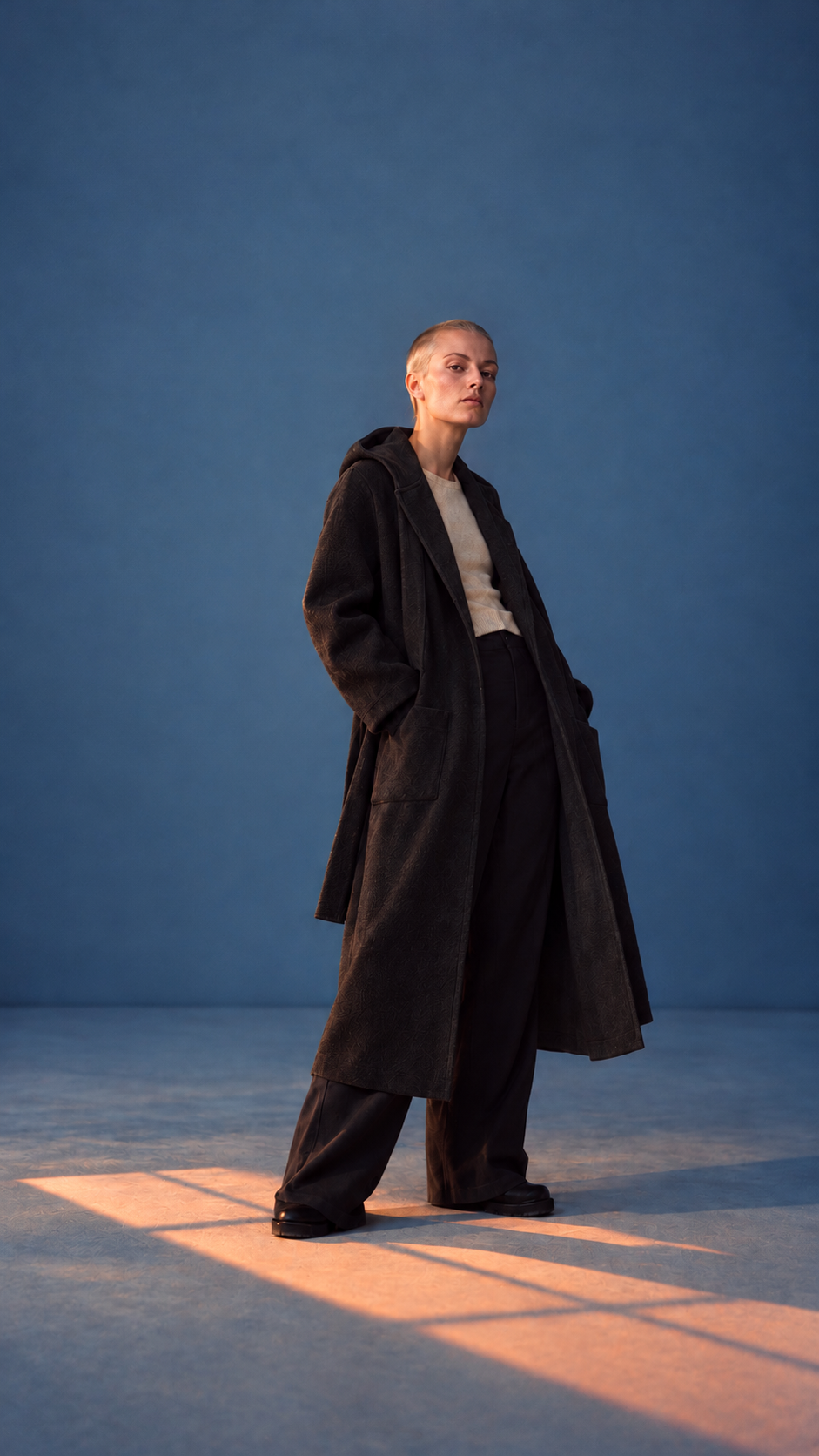 Female model wearing the Granite Island black hooded kimono overcoat with wide-leg trousers, photographed against a muted blue studio background.