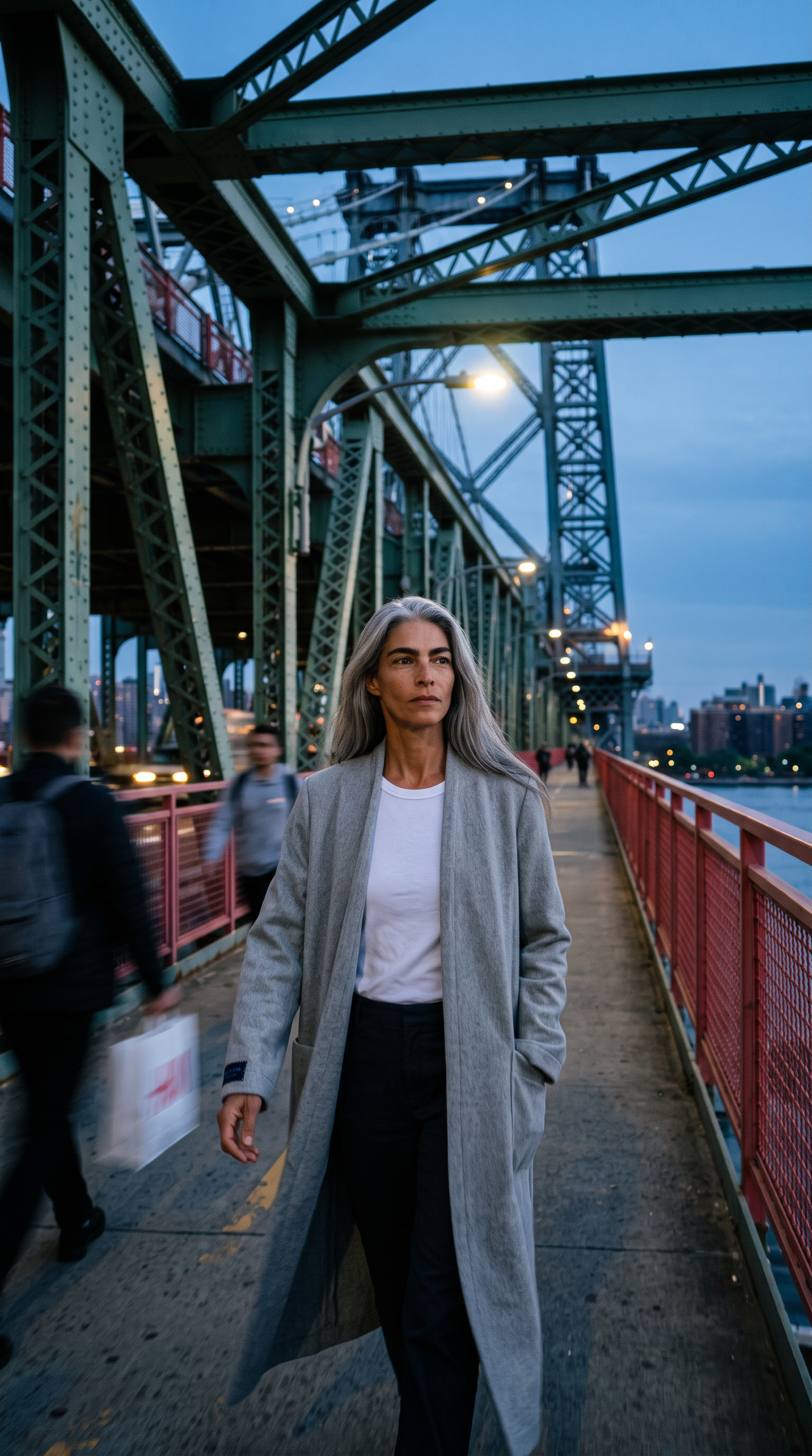 Female model wearing the Granite Island Sparkling Ash grey kimono coat over a white T-shirt while walking across a New York bridge.