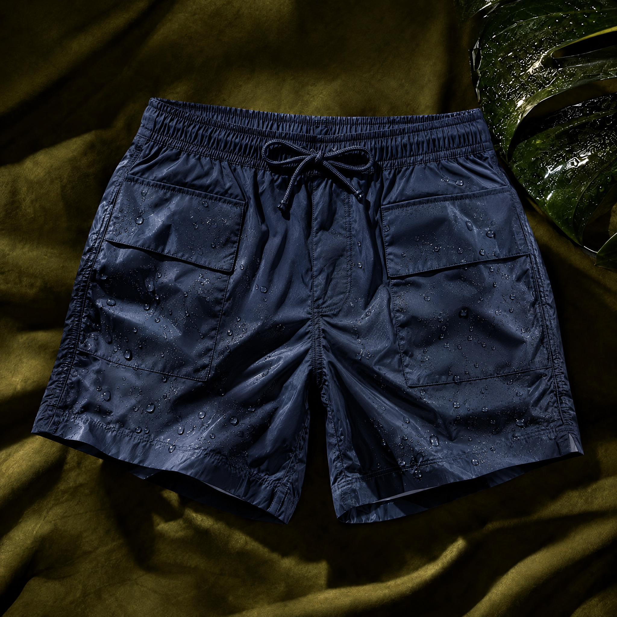Granite Island MONTECITO navy blue swim shorts made in France, photographed with water droplets on an olive green background.
