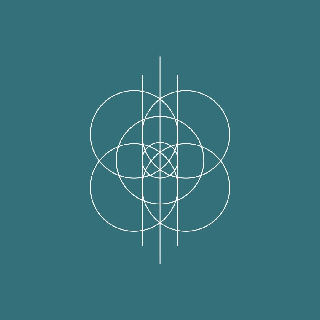 Geometric pattern with concentric circles and vertical lines on a teal background.