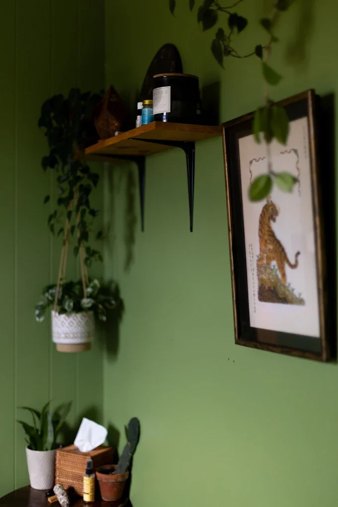 Green wall with shelves and framed artwork, potted plants, and various small items.
