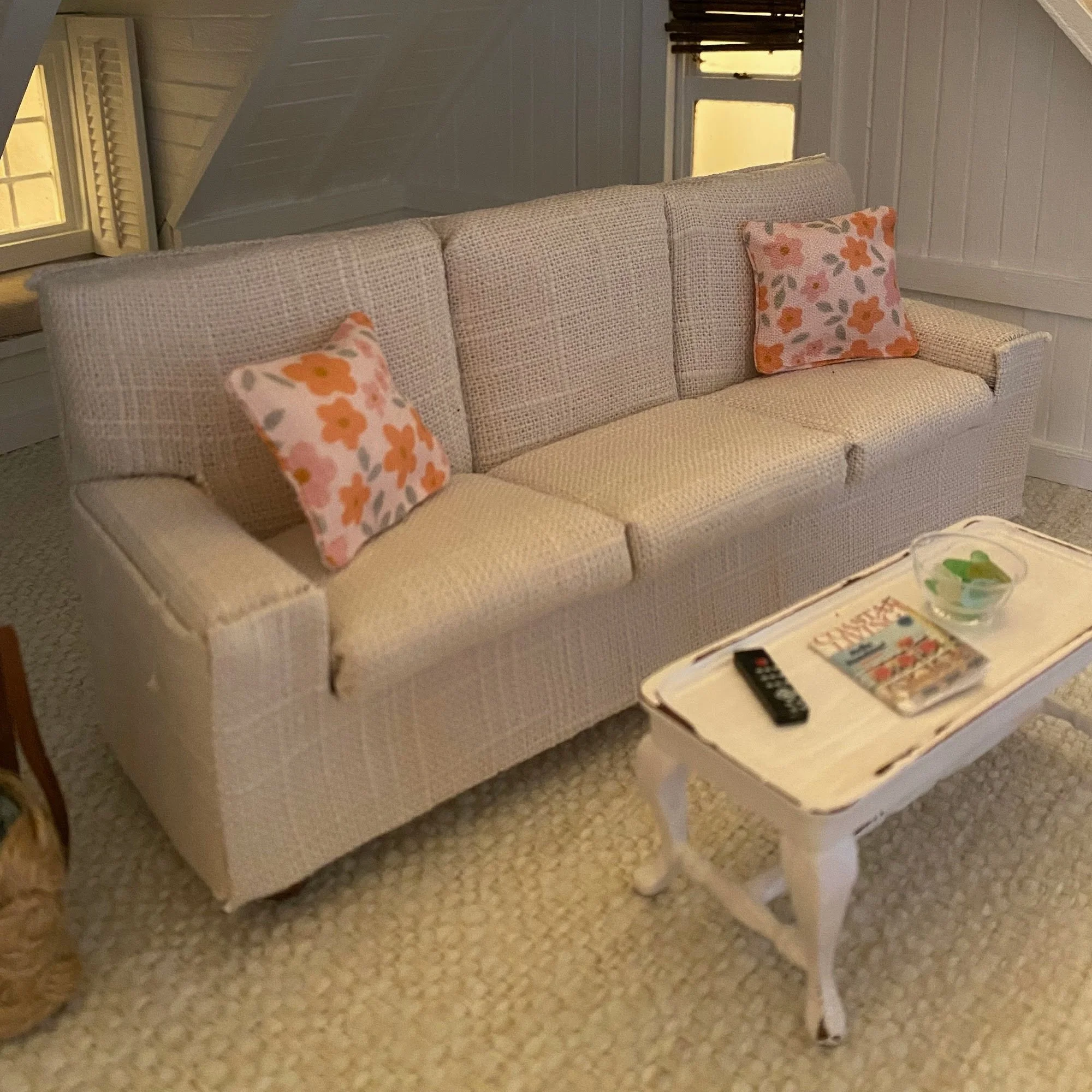 Miniature Upholstered Sofa CREAM LINEN (1:12 scale)