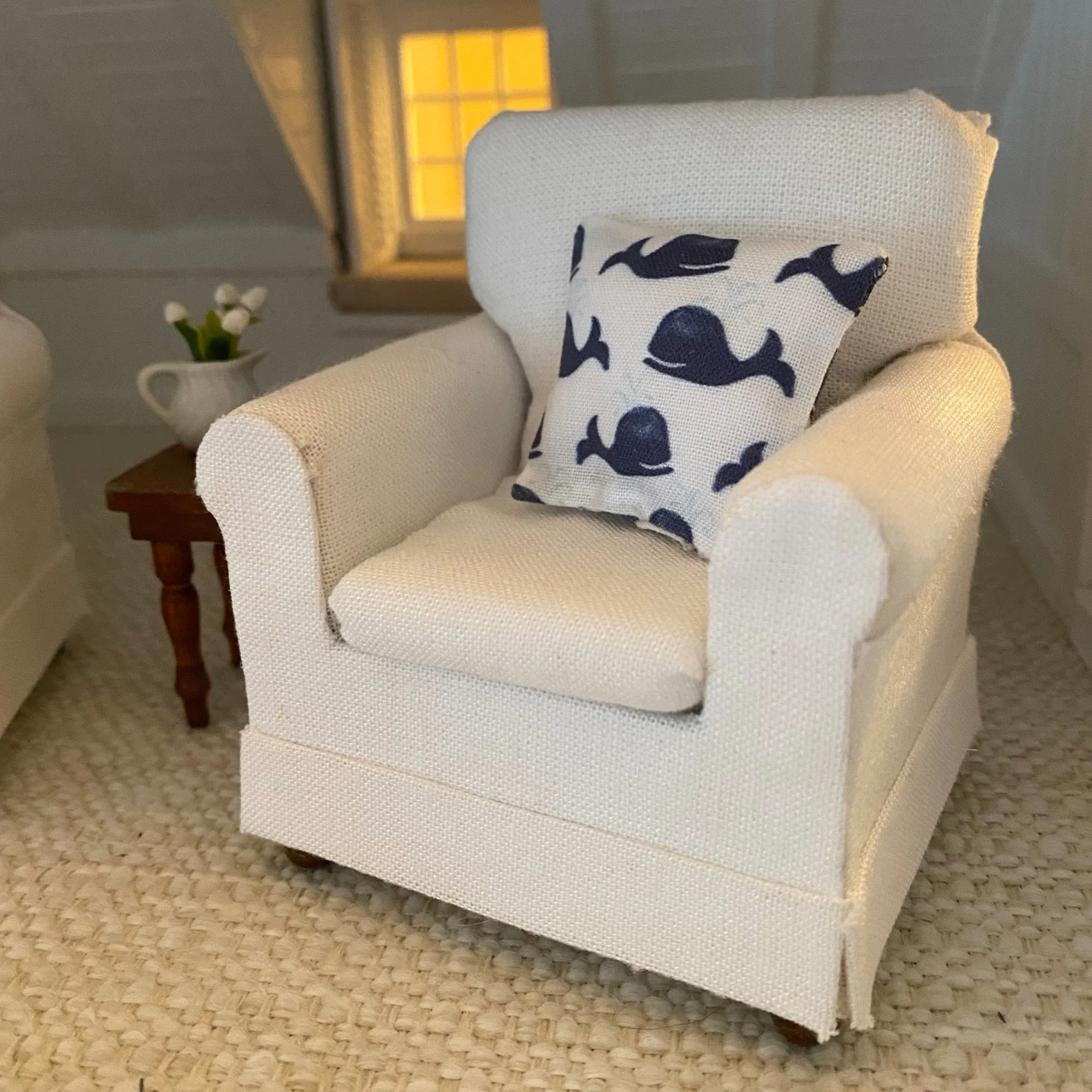 Miniature Upholstered Chair WHITE LINEN no.2 (1:12 scale)