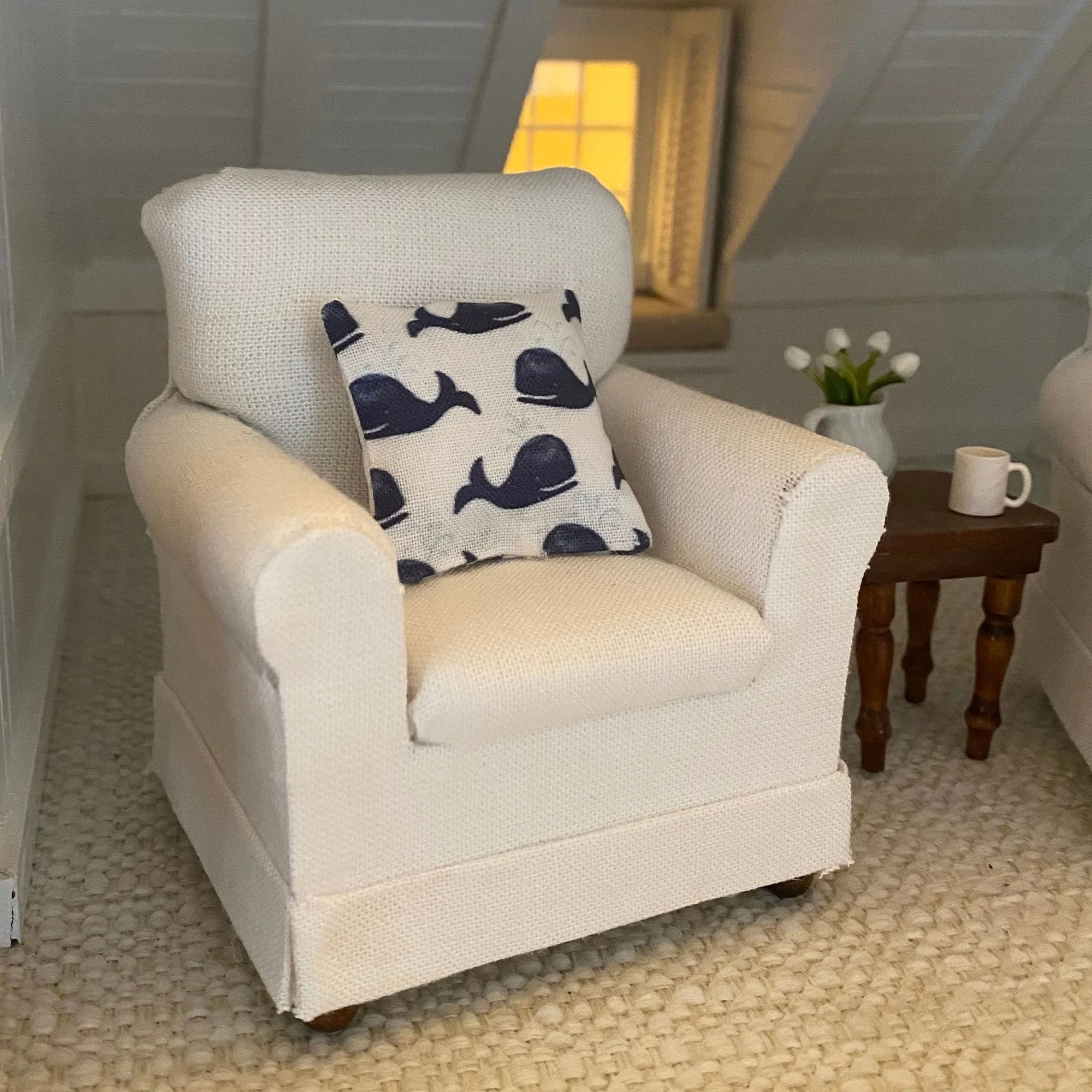 Miniature Upholstered Chair WHITE LINEN no.1 (1:12 scale)