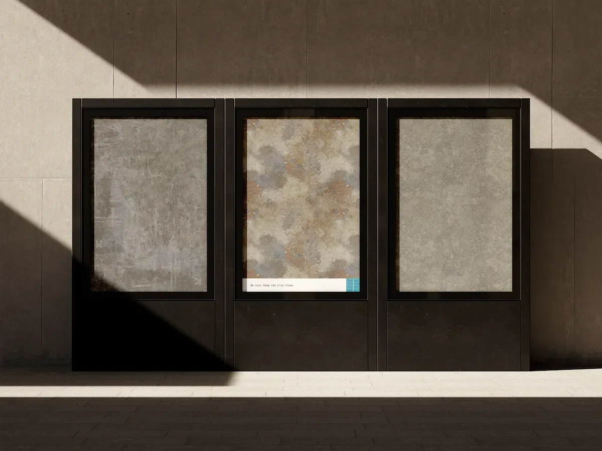 Three display cases with rust and concrete textures behind black frames, positioned against a plain wall, with shadows cast over the scene.
