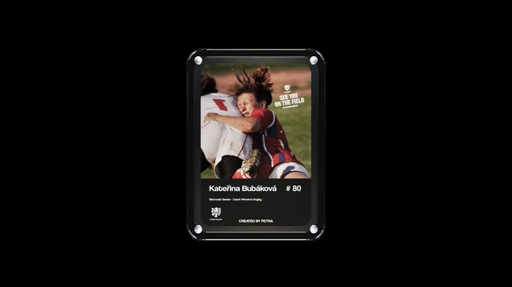 Sports team member ID card featuring a young girl hugging a person, with her hair flying, and text indicating she is Kateřina Bubáková, number 80.