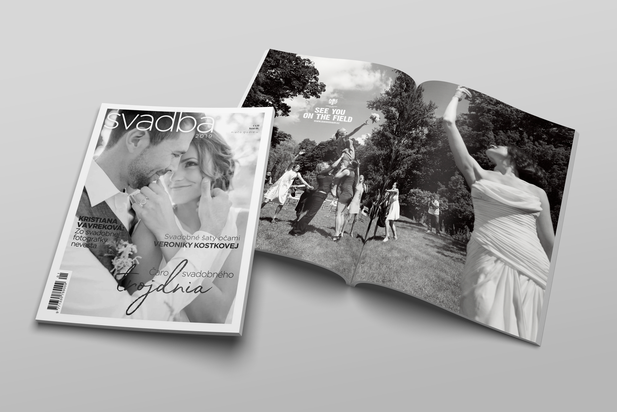 A wedding magazine titled 'svadba 2019' with a cover photo of a smiling bride and groom. The open magazine features a black-and-white photo of wedding guests dancing outdoors, with a woman in a white dress raising her arm.