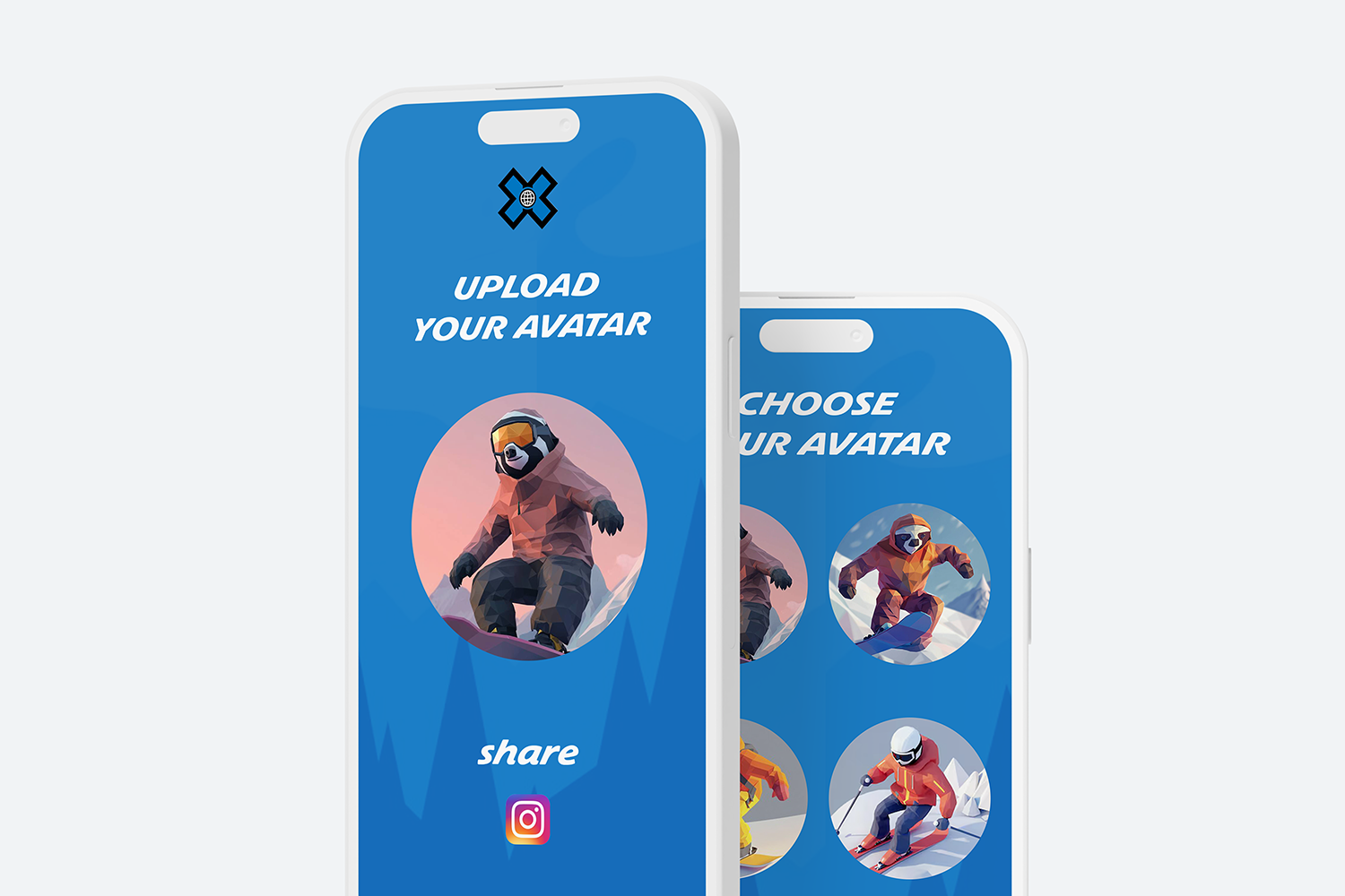 Two smartphones with blue screens displaying options to upload or choose your avatar, featuring a low-poly illustration of a bear skier in winter gear and snowboarding images, with Instagram logo at the bottom.