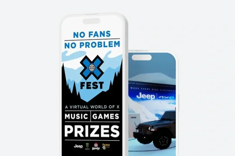 Two smartphones displaying screens promoting an online event called X Fest with music, games, and prizes, featuring Jeep and Monster energy logos.