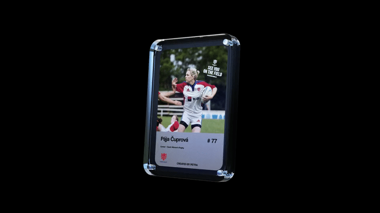 A smartphone displaying a profile picture of a female rugby player in a white uniform holding a rugby ball, with text indicating her name, number, and affiliation.