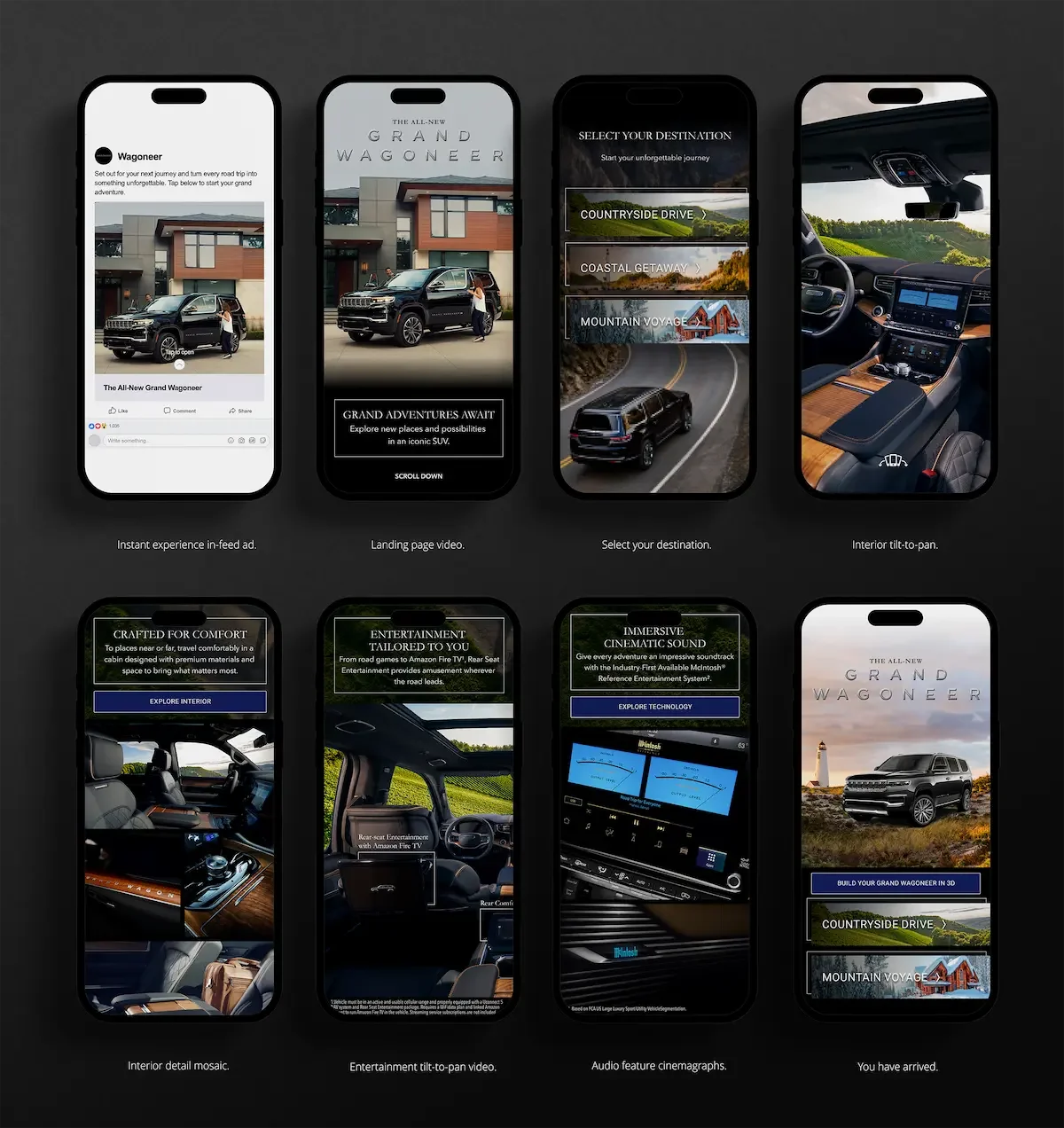A series of seven mobile phone screens showcasing the features of a vehicle, including an instant feed ad, a landing page video, destination selection, interior view, interior detail mosaic, entertainment tilt-to-pan video, audio feature cinematographs, and a final arrival screen.