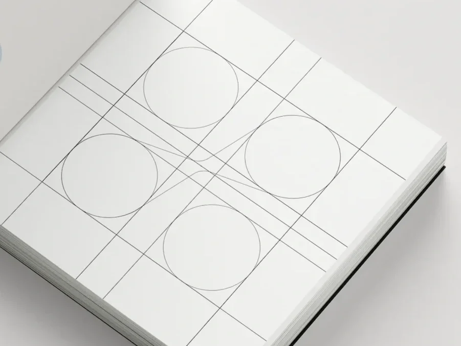 Open sketchbook displaying geometric grid and circle design sketches.