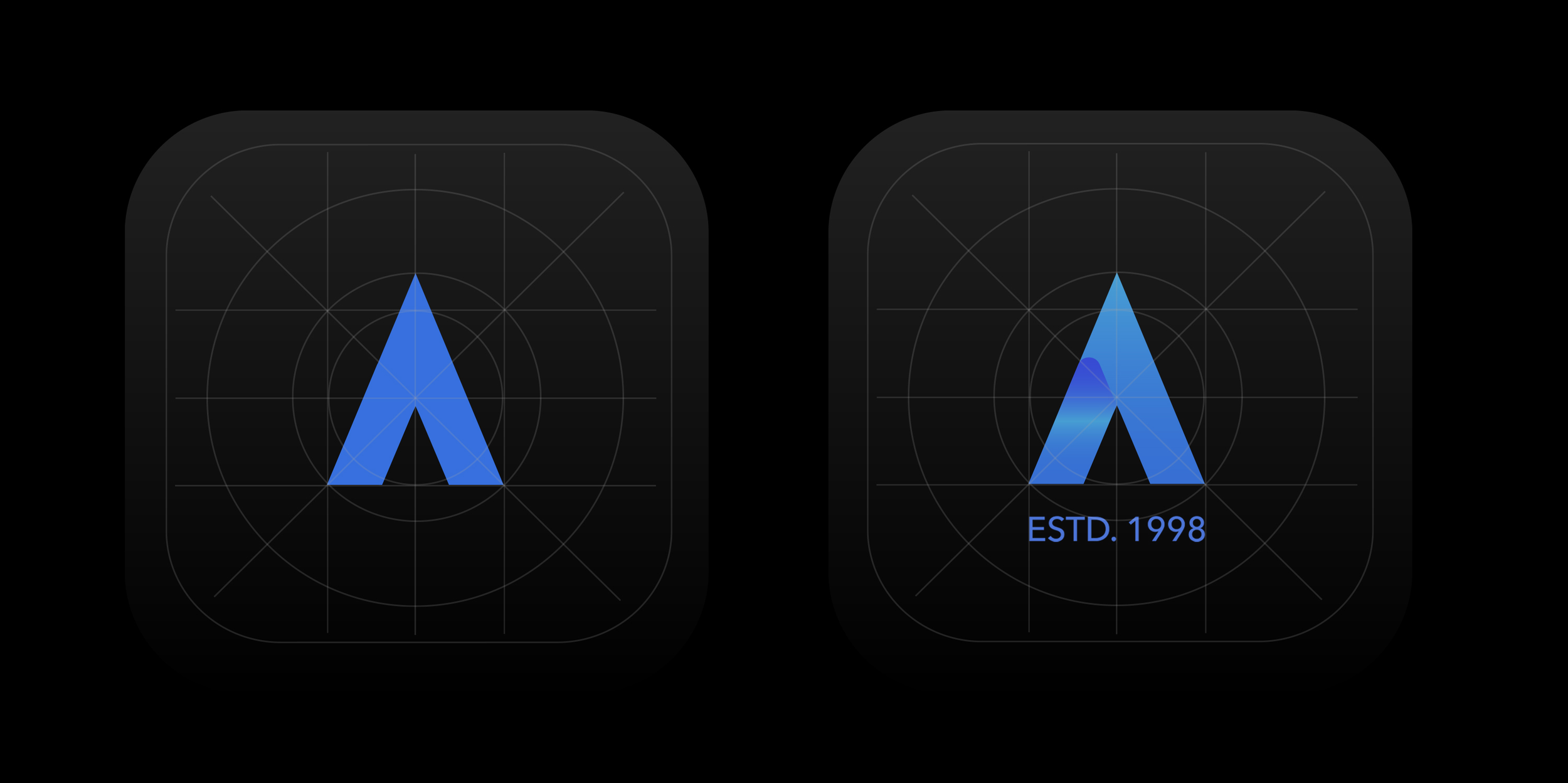 Two app icons featuring a stylized blue letter A, with the left icon showing the letter alone, and the right icon displaying the letter along with the text "ESTD. 1998." on a black background.
